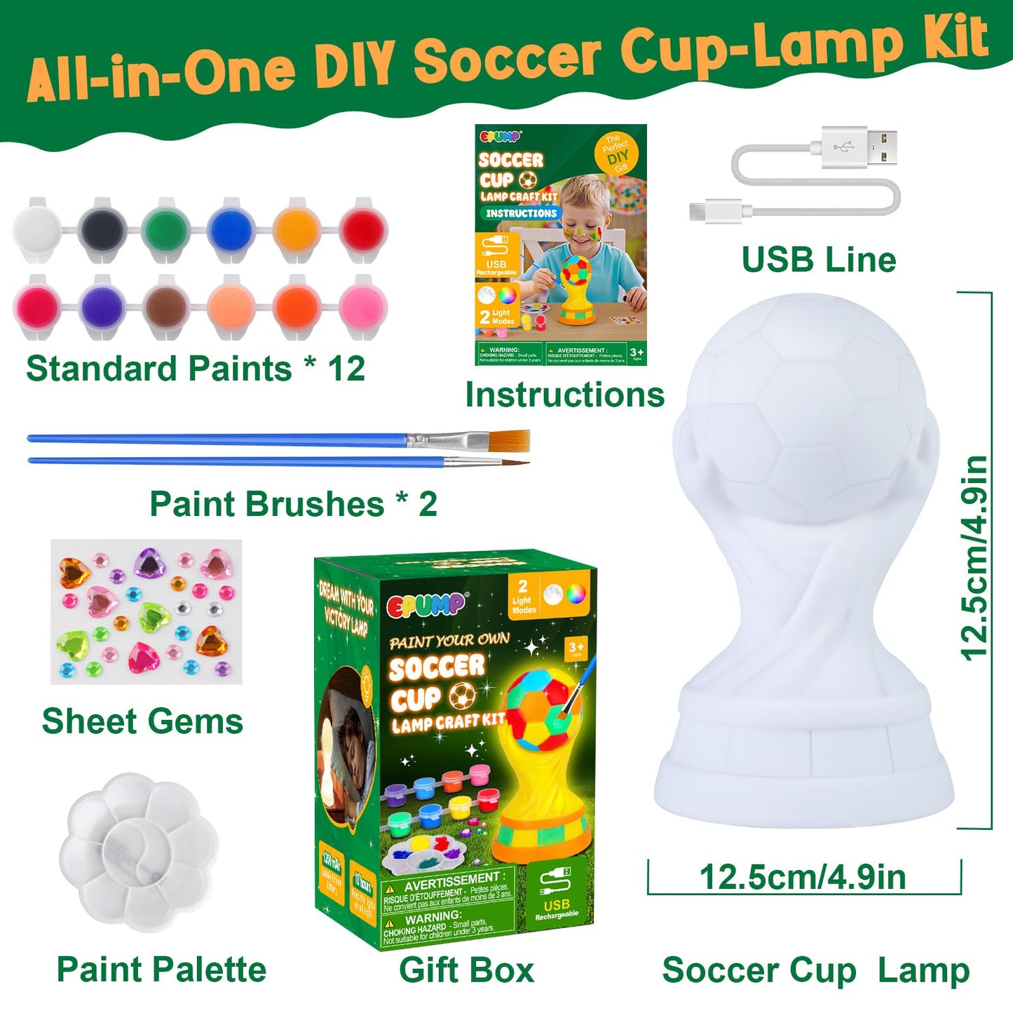 EPUMP Paint Your Own Soccer Cup Lamp Kit - Rechargeable 1200mAh Night Light with 2 Light Modes, Arts and Crafts Painting Toys for Girls Boys, Art Supplies Birthday Gifts for Kids Ages 3-12+