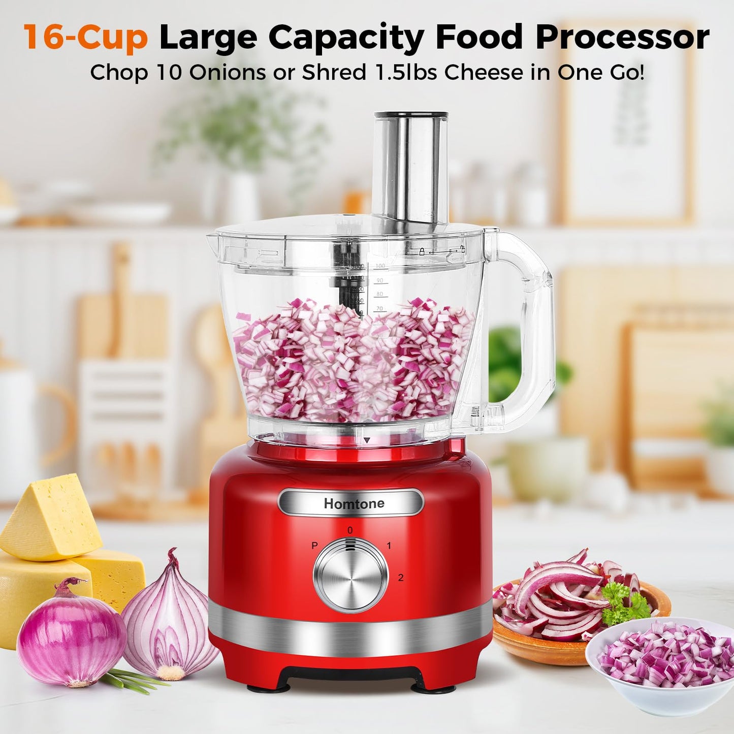 Homtone 16 Cup Food Processor Large, 9 Functions 7 Blades 3 Speeds for Shredding, Slicing, Making French Fries, Chopping Meat, Kneading Dough & Emulsifying, 600W, Red