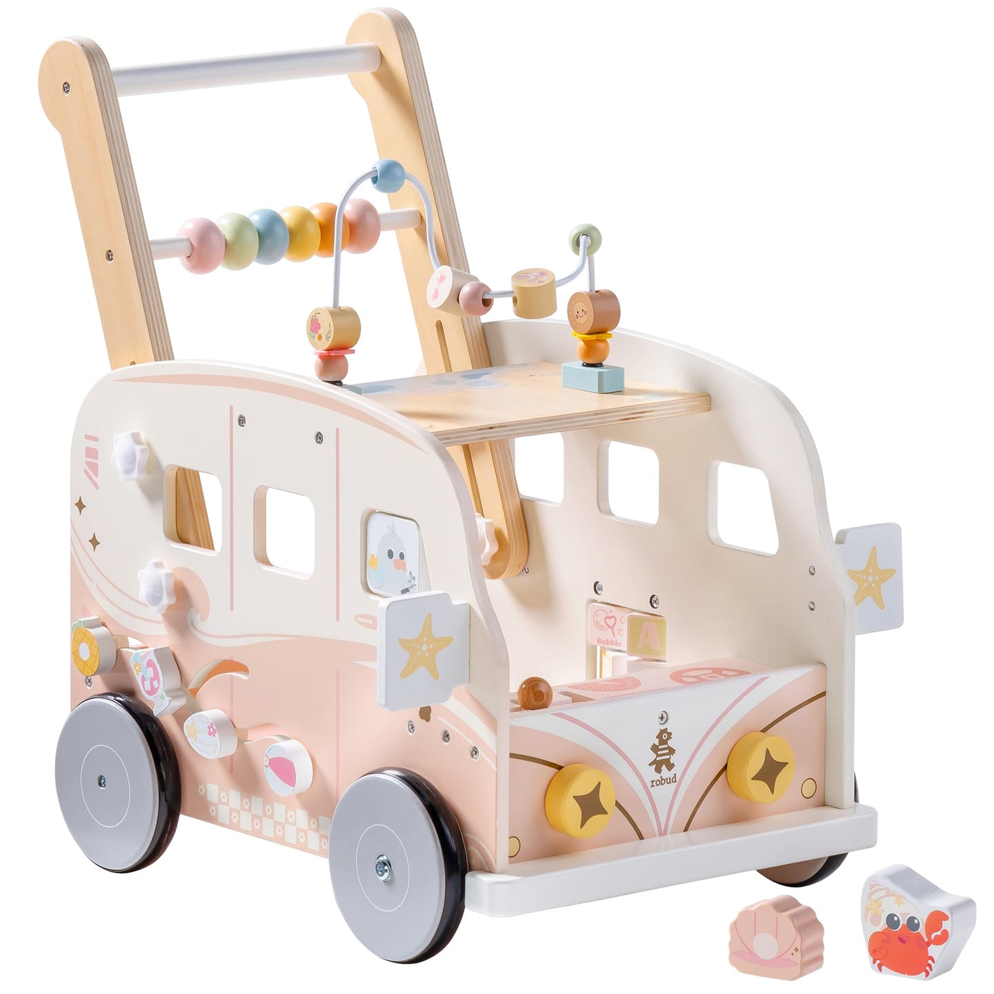 ROBUD Wooden Baby Walker, Height & Speed Adjustable Baby Push Walker with Anti-Slip Wheels, Developmental Activity Center with Ocean Vacation Theme, Wooden Walkers for Babies Learing to Walk,Pink