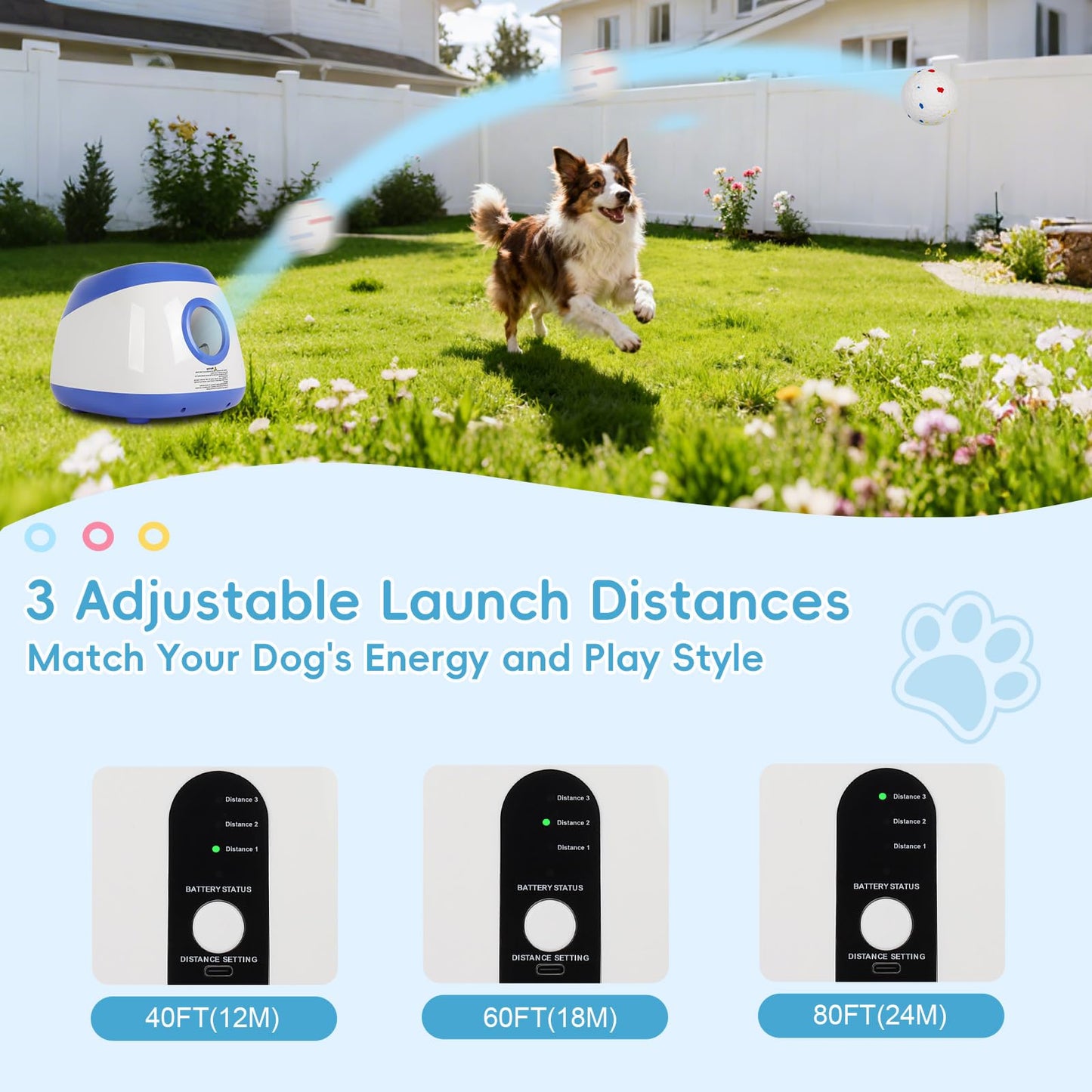 OLenyer Ball Launcher for Dogs: 3 Adjustable Distance 40-80FT,with 8 2.5" ETPU Balls,Remote Control Interactive Dog Toy,Automatic Ball Throwing Machine for Medium/Large Dogs