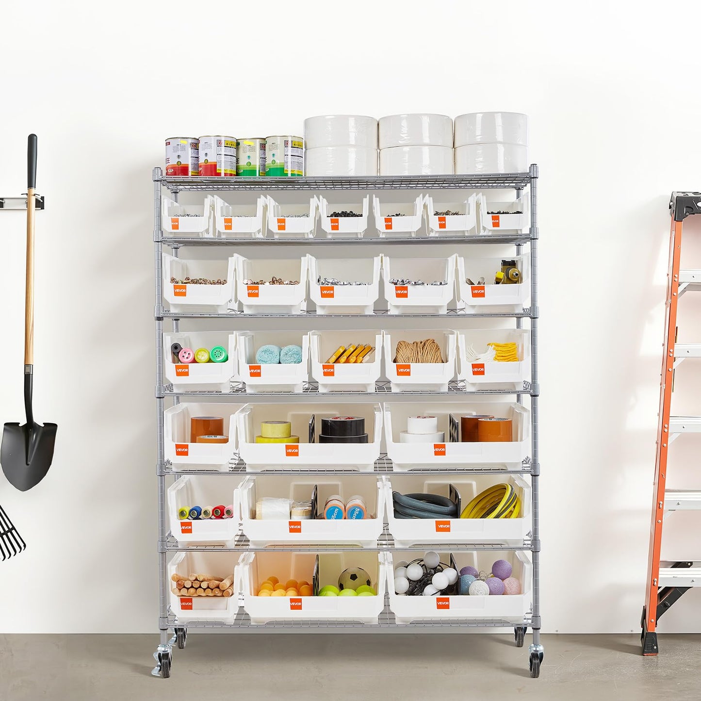 VEVOR 7-Tier Rolling Bin Storage Rack, 26 Organizer Bins, Bin Rack Storage Steel Wire Shelving System with Wheels, Mobile Tool Organizer for Garage, Warehouse, Office, Restaurant, Classroom, Kitchen