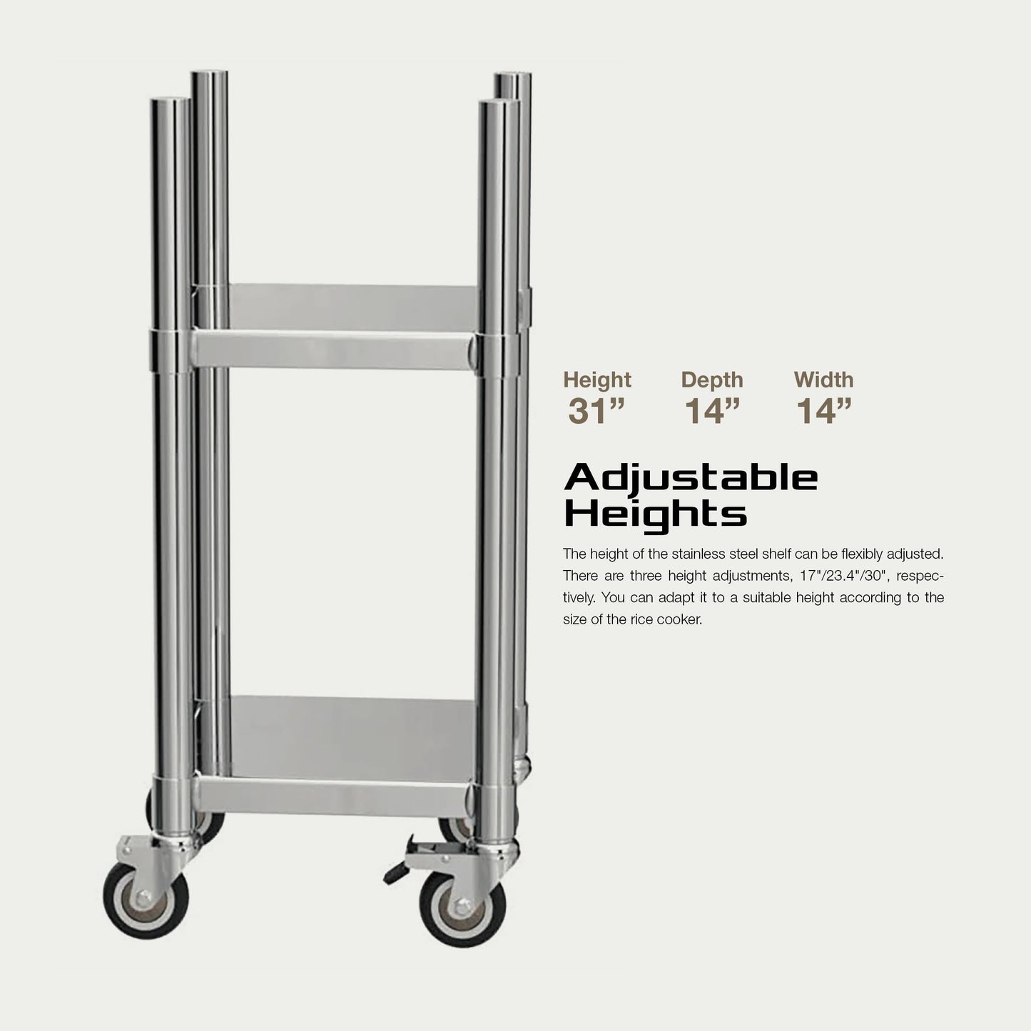 PANTIN® 14” x 14” Stainless Steel Rice Warmer Stand and Cart with Wheels & Brakes – Adjustable Height Stand for Commercial Food Warmers, Large Rice Cookers, and Commercial Cooking Equipment Stand