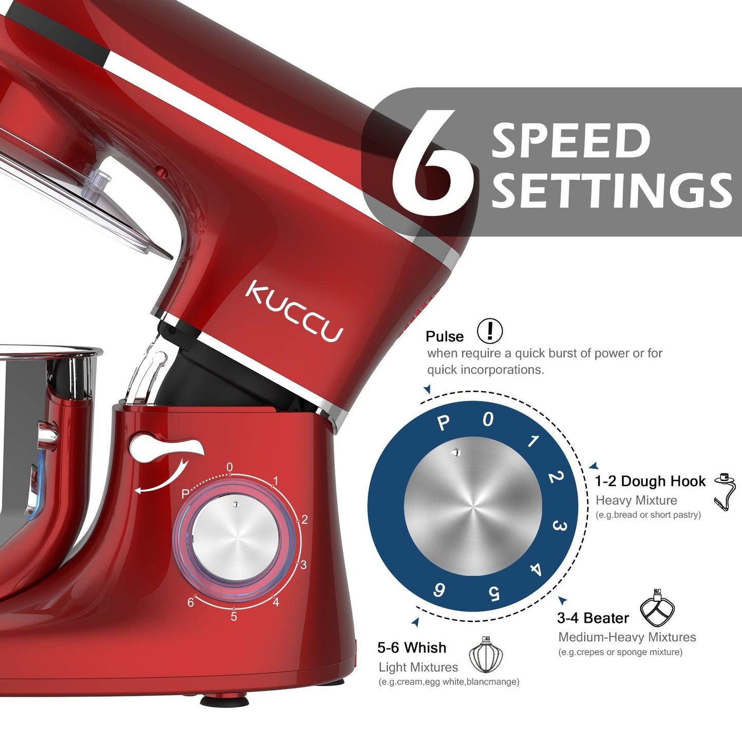 KUCCU Stand Mixer, 6.5 Qt 660W, 6-Speed Tilt-Head Food Dough Mixer, Kitchen Electric Mixer with Stainless Steel Bowl,Dough Hook,Whisk, Beater, Egg white separator