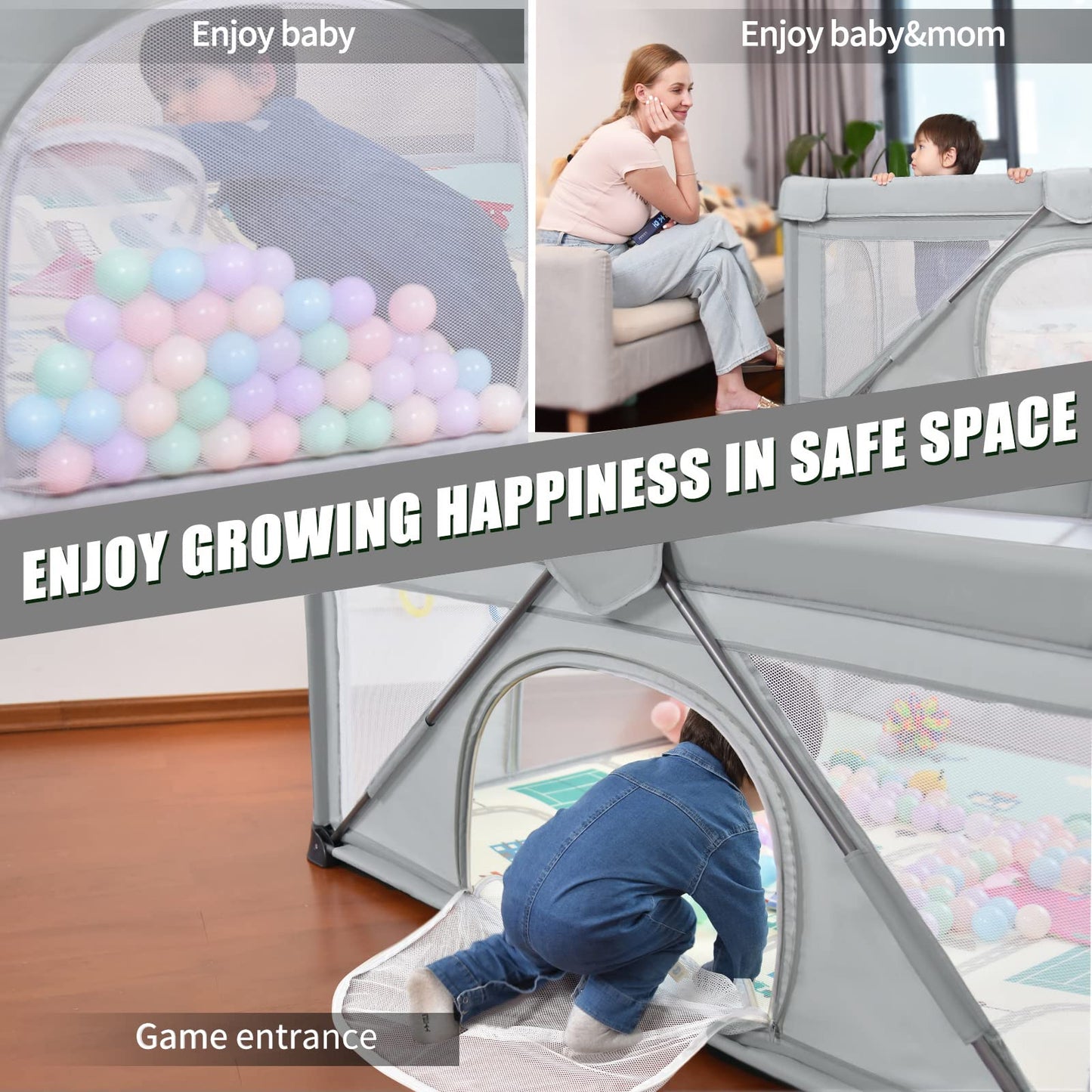 Baby Playpen Foldable, Heyo.Ja Large Play Yard, Playpen for Babies and Toddlers, Play Pens for Babies and Toddlers with Gate, Indoor & Outdoor Portable Play Pen (47"×63")