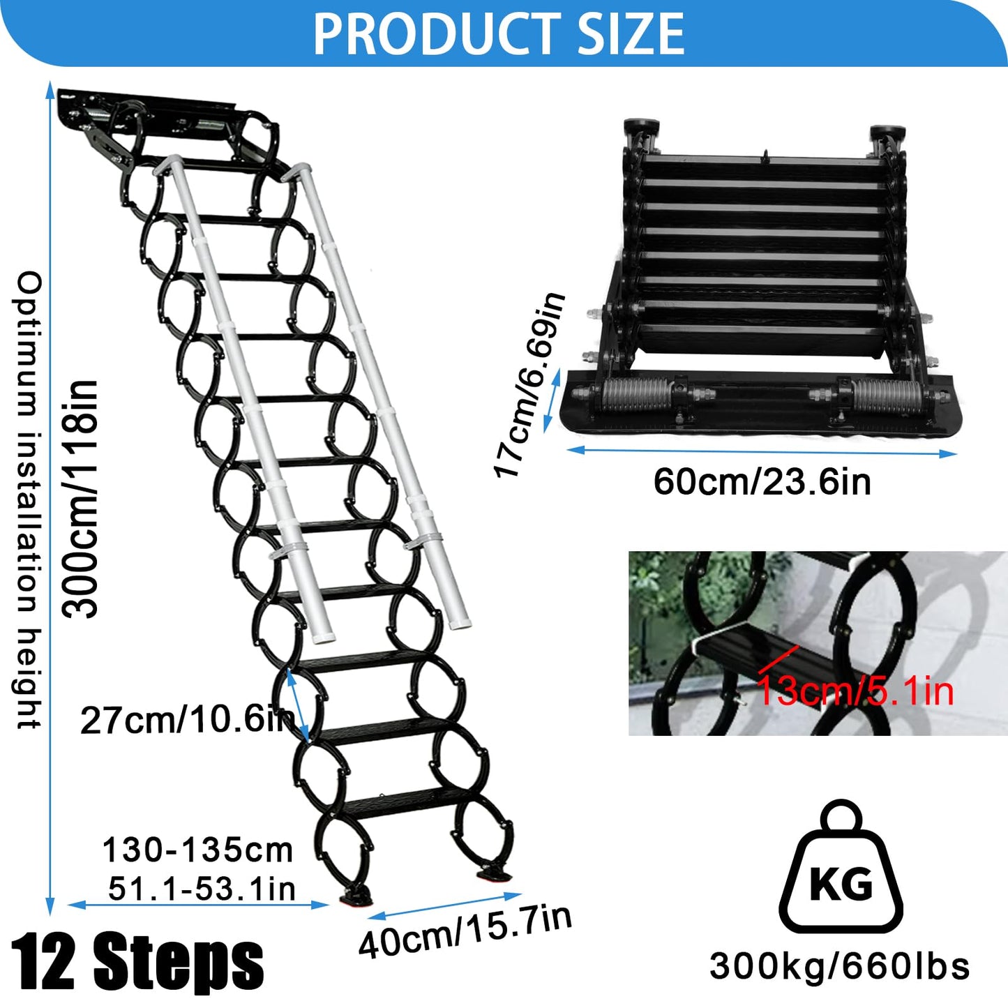 Wall Mounted Folding Ladder with Handrails, Pull Down System Attic Stairs, Telescopic Attic Ladder, Applicable Height 9.6-10ft, Attic, Basement, Warehouse, Passage Folding Stair (Black, 12 Steps)