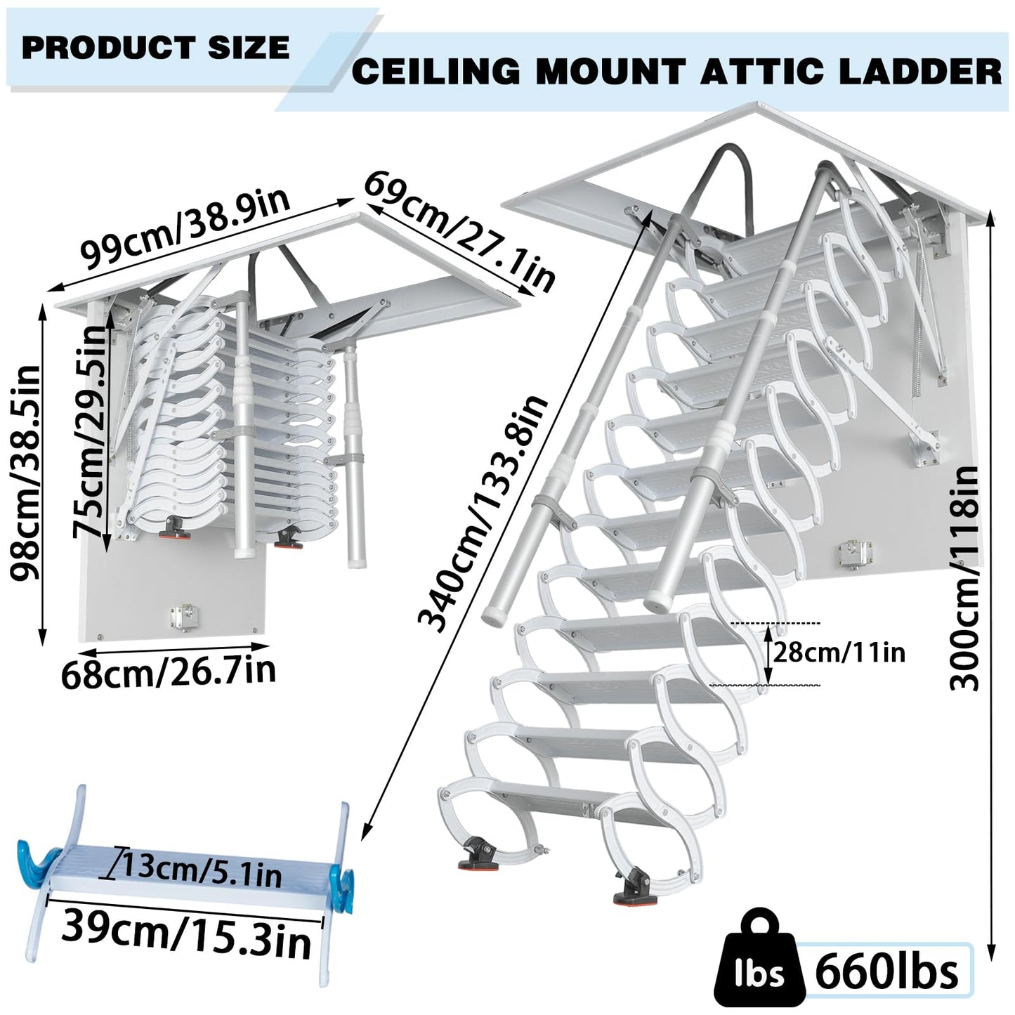 12 Steps Ceiling Mounted Attic Ladder, Retractable Pull Down System Attic Stairs, Telescopic Loft Stairs with Pull Rod, Ceiling Folding Loft Ladder with Handrail for Basement (White, Steps 12)