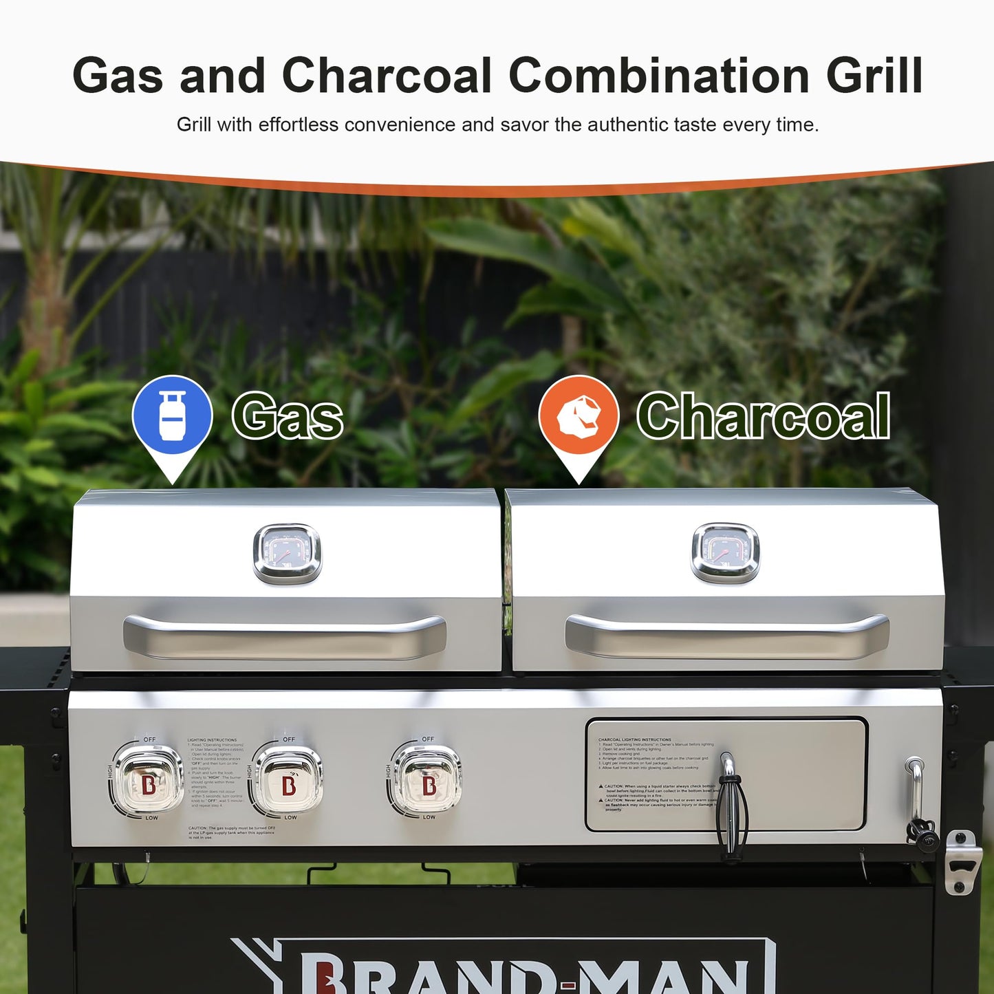 Brand-Man Propane Gas and Charcoal Grill Combo,Grill and Griddle Combo Dual Fuel BBQ Grill with Dual Lids for Outdoor Barbecue, Black