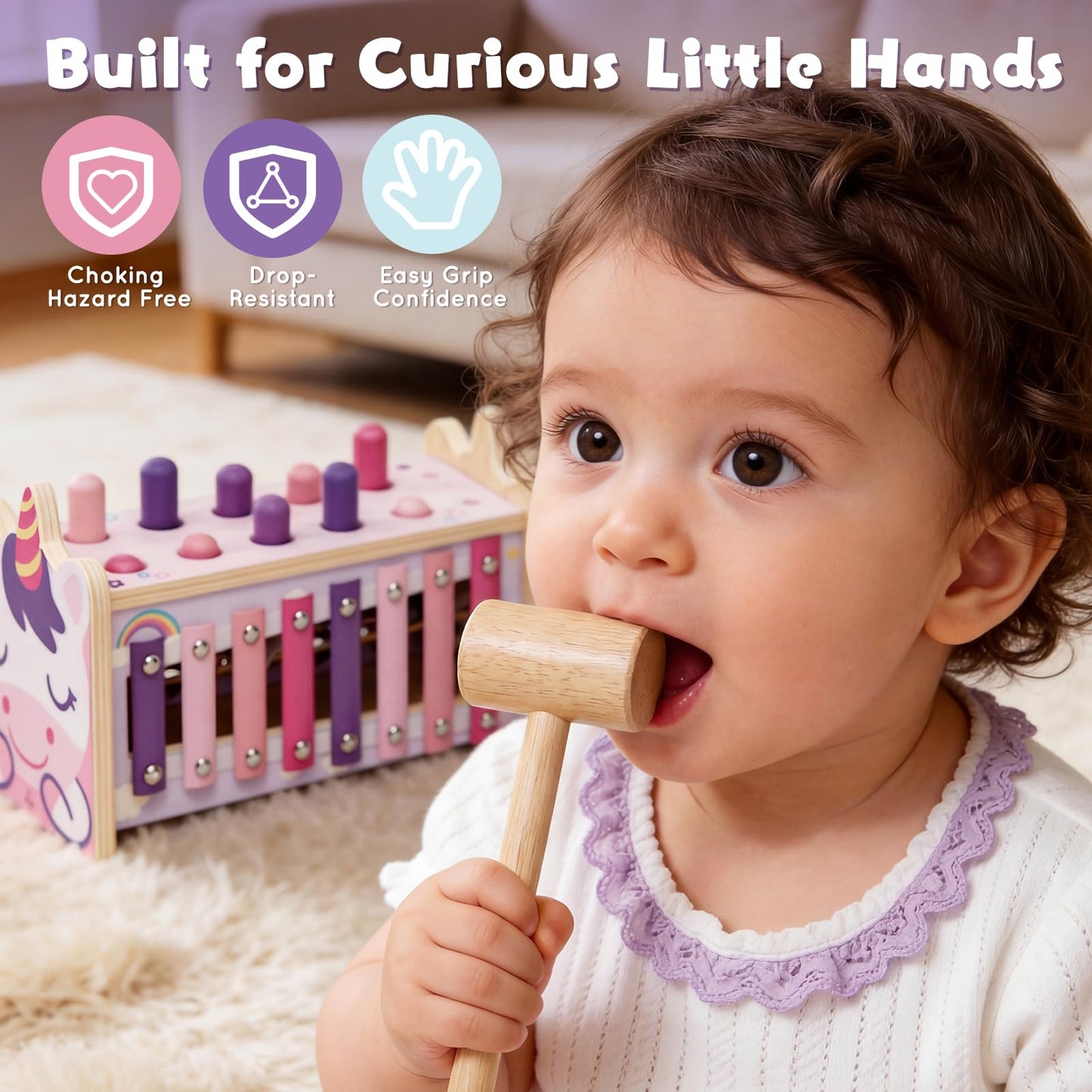 Lehoo Castle Baby Montessori Toys for 1 2 Year Old, Wooden Hammering Pounding Toy with Xylophone, Educational Learning Activities for 1 2 3 Year Old Girls First Christmas Birthday Gifts - Unicorn