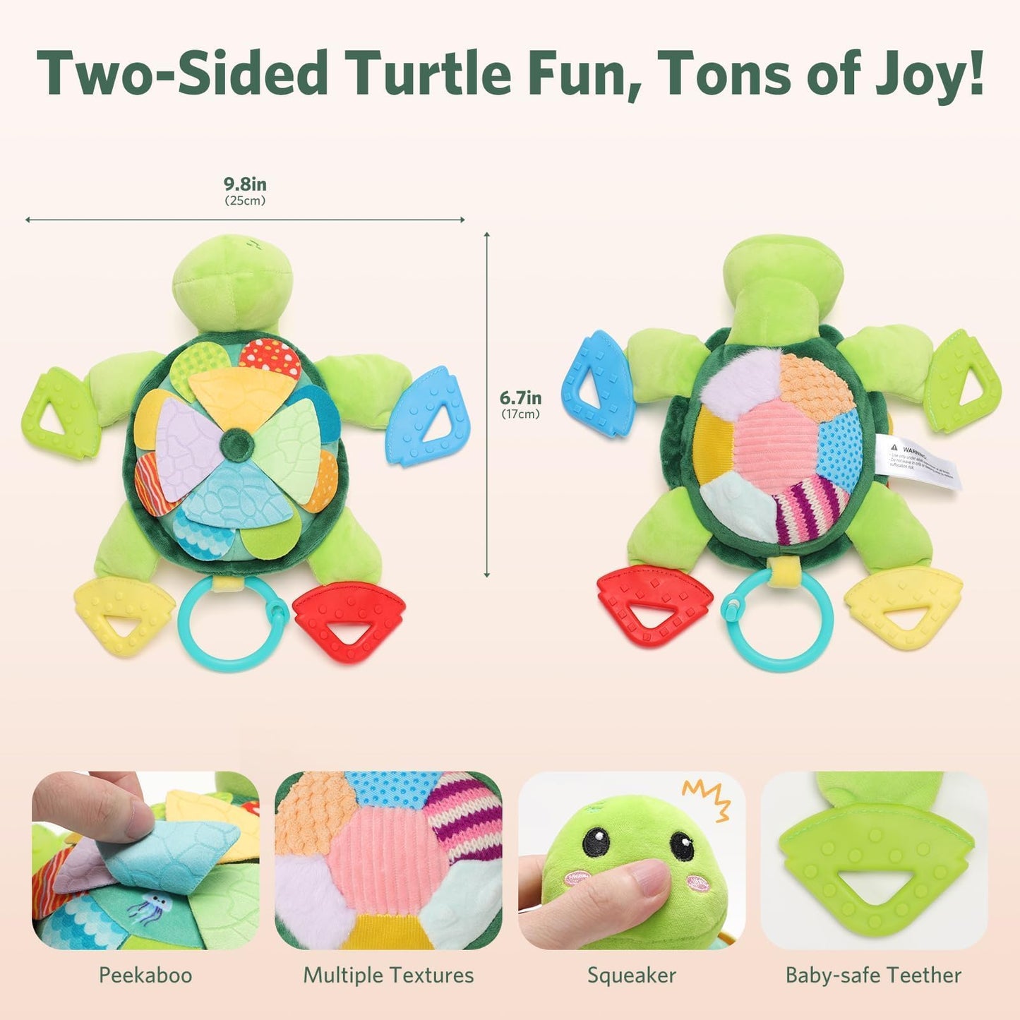 Turtle Baby Sensory Toy, 6 in 1 Montessori Tummy Time Texture Toys, Flip Scales & Multi-Textured Belly & Rattle Squeaker Teethers, Early Educational Shower Gifts for Baby Boy Girl Birthday Gifts