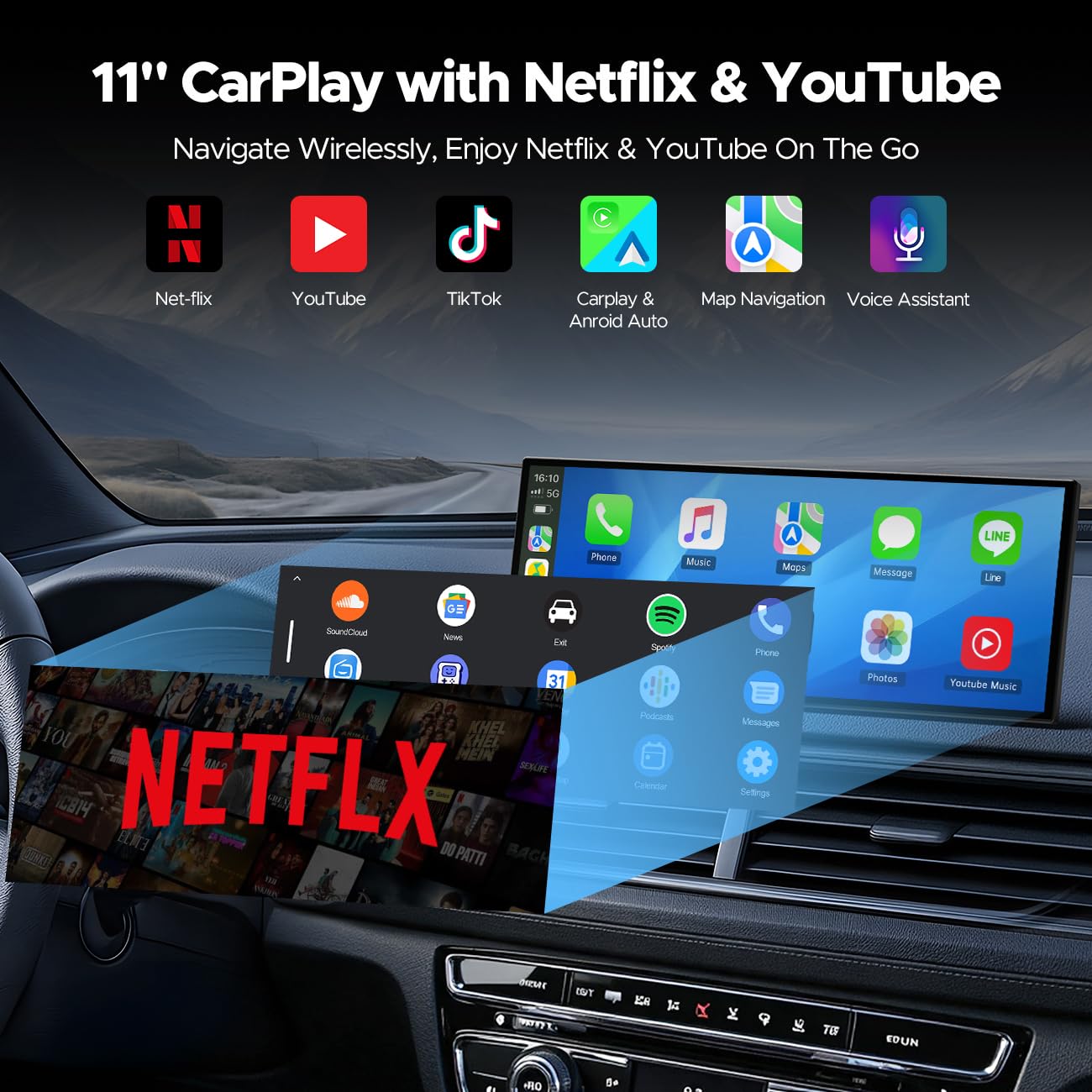 Volam 11'' Wireless Carplay Screen for Car Built-in Net-Flix YouTube Apps, Portable Touchscreen Car Stereo with Android Auto, Backup Camera, OTA Updates, Bluetooth, Voice Control, GPS Navigation,FM