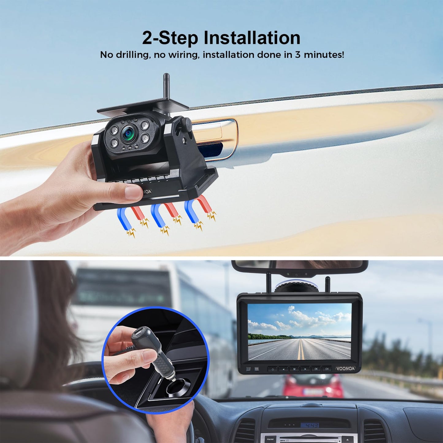 VOONOA 2 Magnetic Wireless Backup Camera with 7'' HD 1080P DVR Monitor System, 15000mAh Rechargeable Waterproof Dual Solar Reverse Camera for Hitch Towing Car Trailer Truck RV VN007