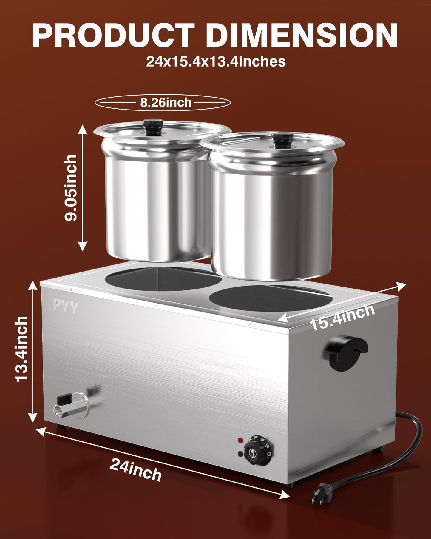 PYY Soup Warmer Commercial - Two 11.6QT Stainless Steel Bain Marie Round Pot 86~185Β°F Adjustable Temp, 1500W Electric Soup Warmer Countertop with Anti-Dry Burn and Reset Button for Restaurant, Buffet