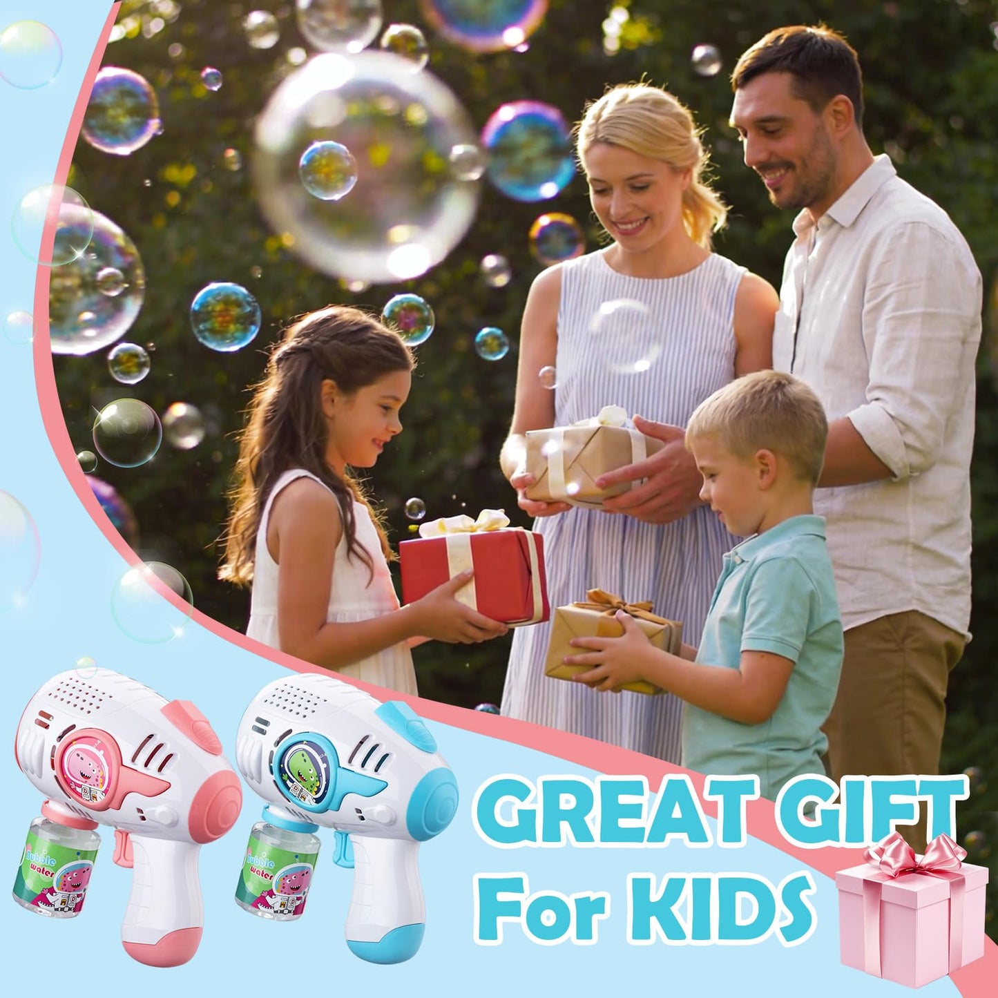 ZACEAC Bubble Guns for Kids 4-8, 2 Pack Automatic Bubble Blaster with LED Light & 14 Bubble Solution, Bubble Gun for Toddlers Outdoor Summer Toys