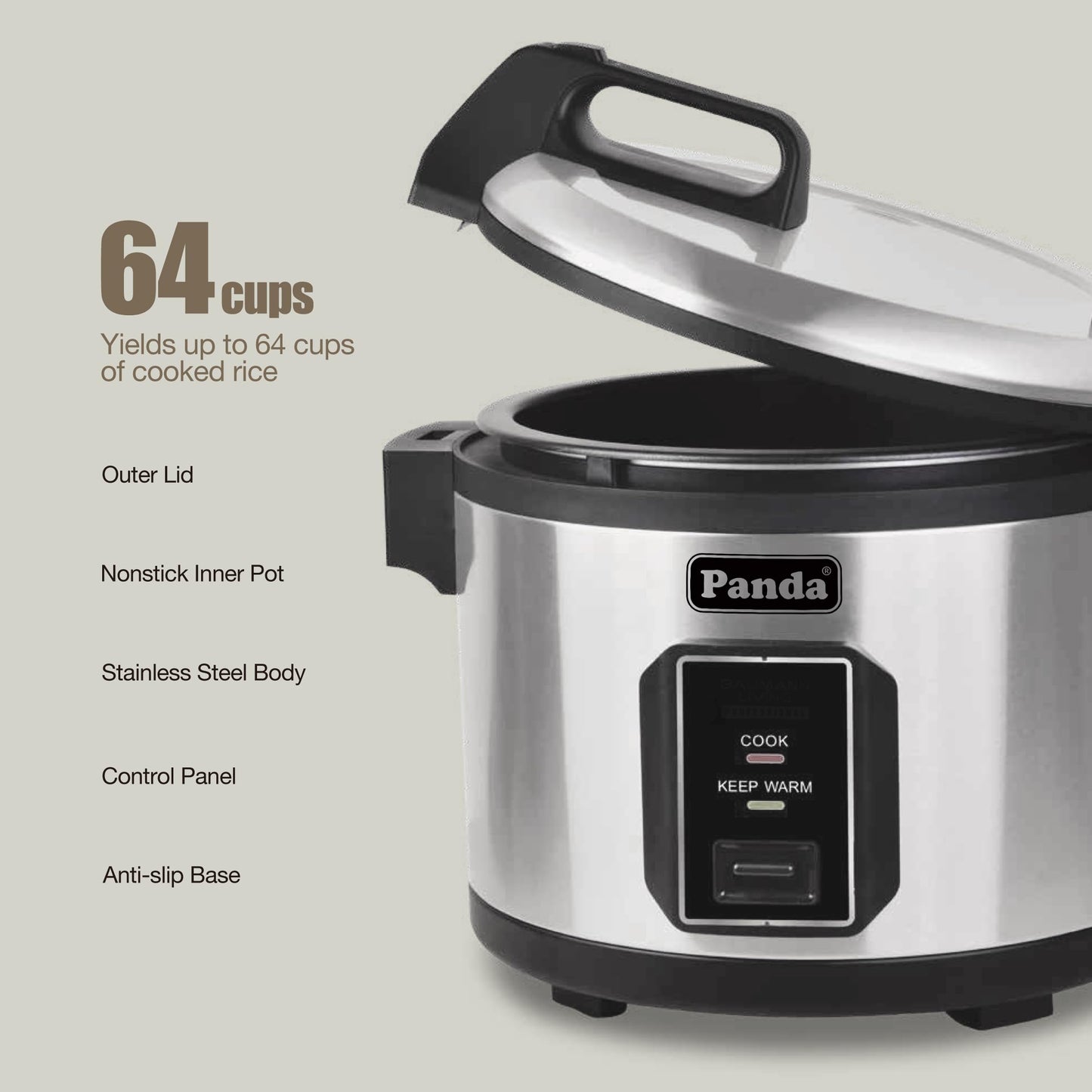 Panda Commercial Large Capacity Rice Cooker & Warmer - Extra Large 30 Cups Raw/60 Cups Cooked, 120V/1500W, ETL Listed