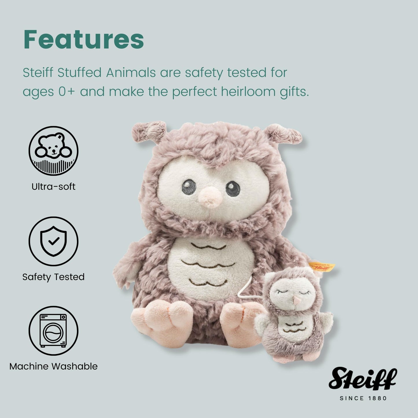 Steiff Ollie Owl, Premium Owl Musical Stuffed Animal, 0-6 or 6-12 Months, Baby Musical Toys, Baby Pull Toy for Babies, Soft Cuddly Friends (Rosé Brown, 8")