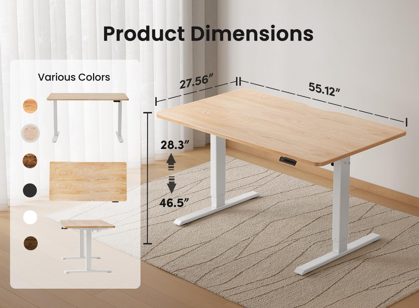 BANTI 55 × 28 Inches Standing Desk, Ergonomic, Electric Height Adjustable, Sit and Stand Up, Computer Desk with a Deeper Desktop, White Frame/Maple Top
