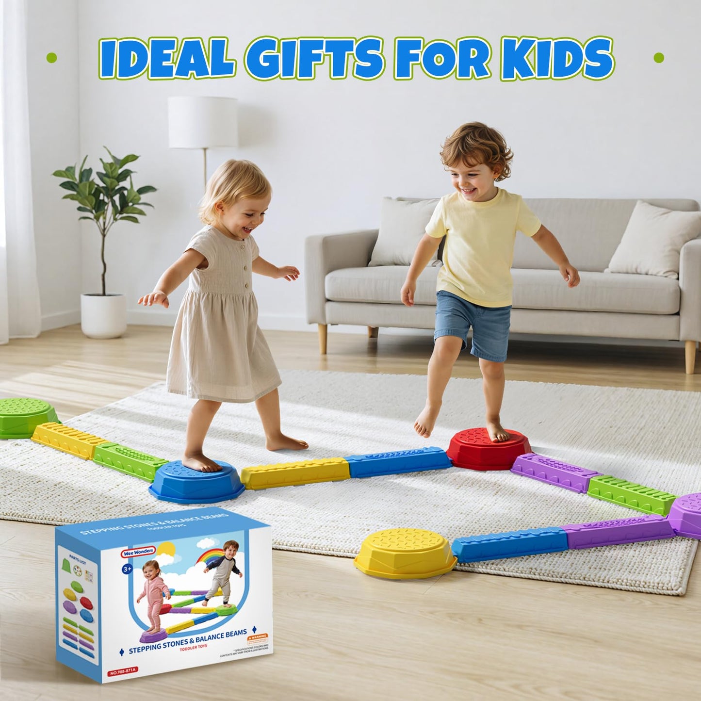 Wee Wonders Balance Beam Stepping Stones for Kids, Non-Slip Sensory Obstacle Course Toys for Toddlers, Stackable Balance Stones with Game Spinner & 30 Card, Indoor Outdoor Gifts for Boys Girls 3-5