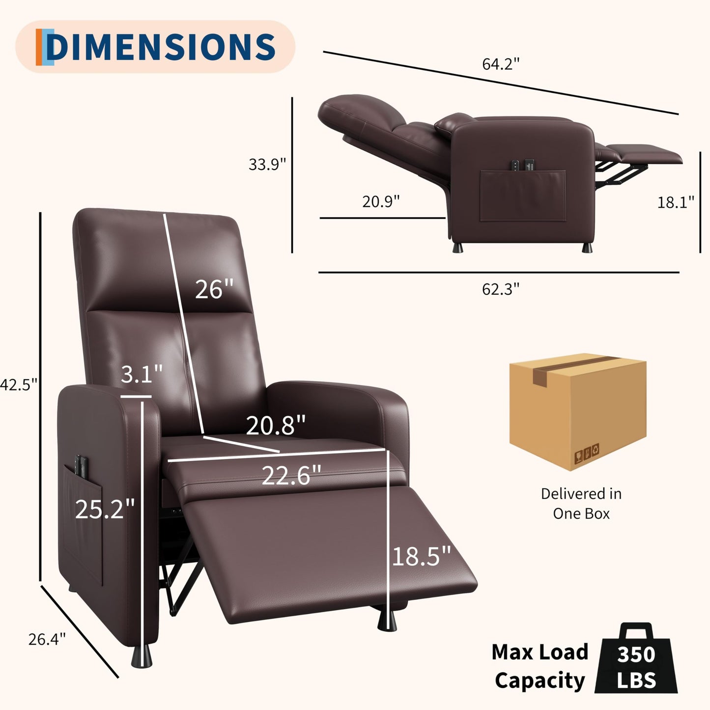 GarveeHome Power Recliner Chair - Heat and Massage, Adjustable Electric Recliner Ergonomic PU Leather Single Sofa, Tall Back, Padded Seat, Home Theater Seating for Living Room