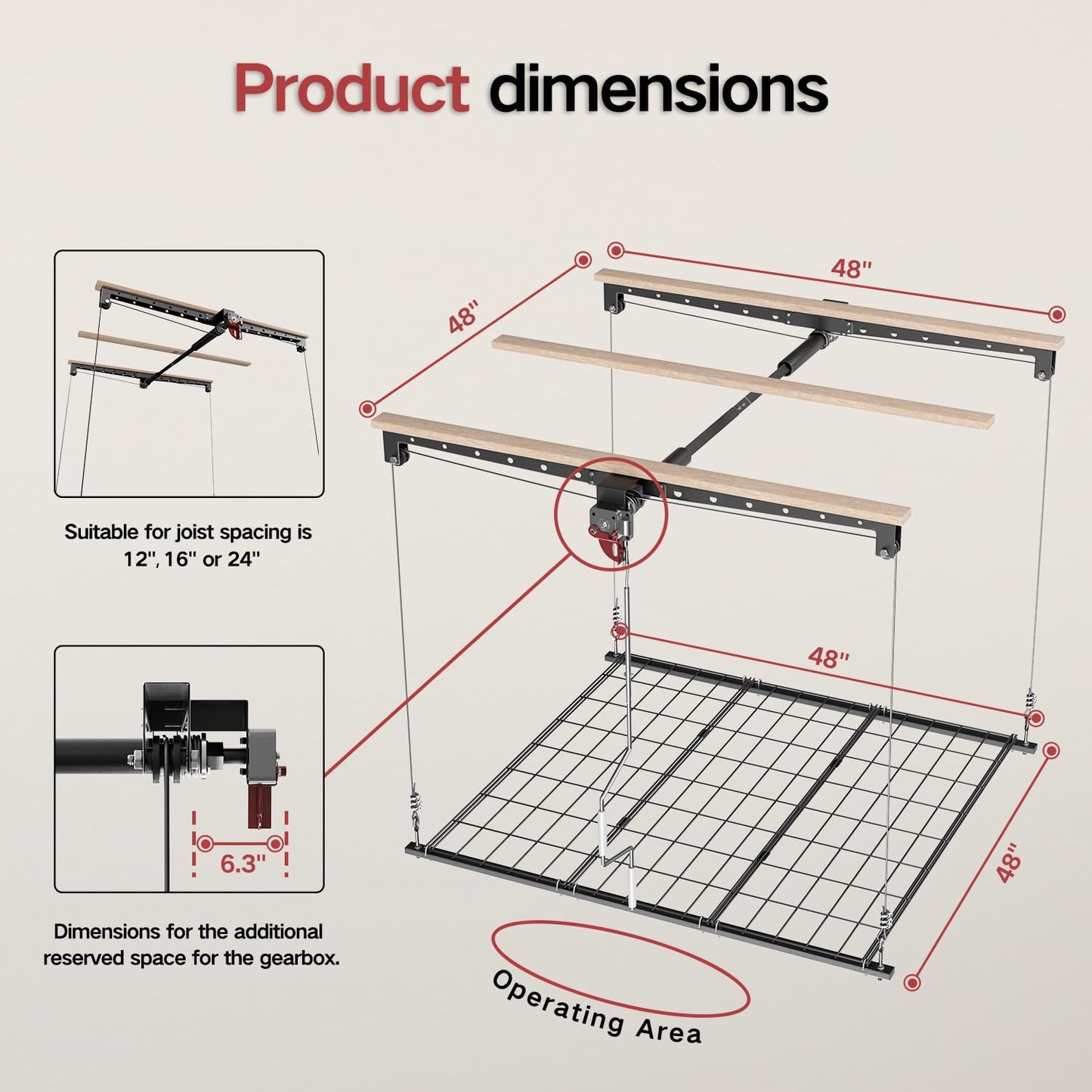 KOKORACKER Overhead Garage Storage Lift, Heavy-duty 4x4 Ft Garage Ceiling Storage Racks with Safety Lock, Ideal for Ceiling Storage Lifting Organization System, 250lbs Capacity