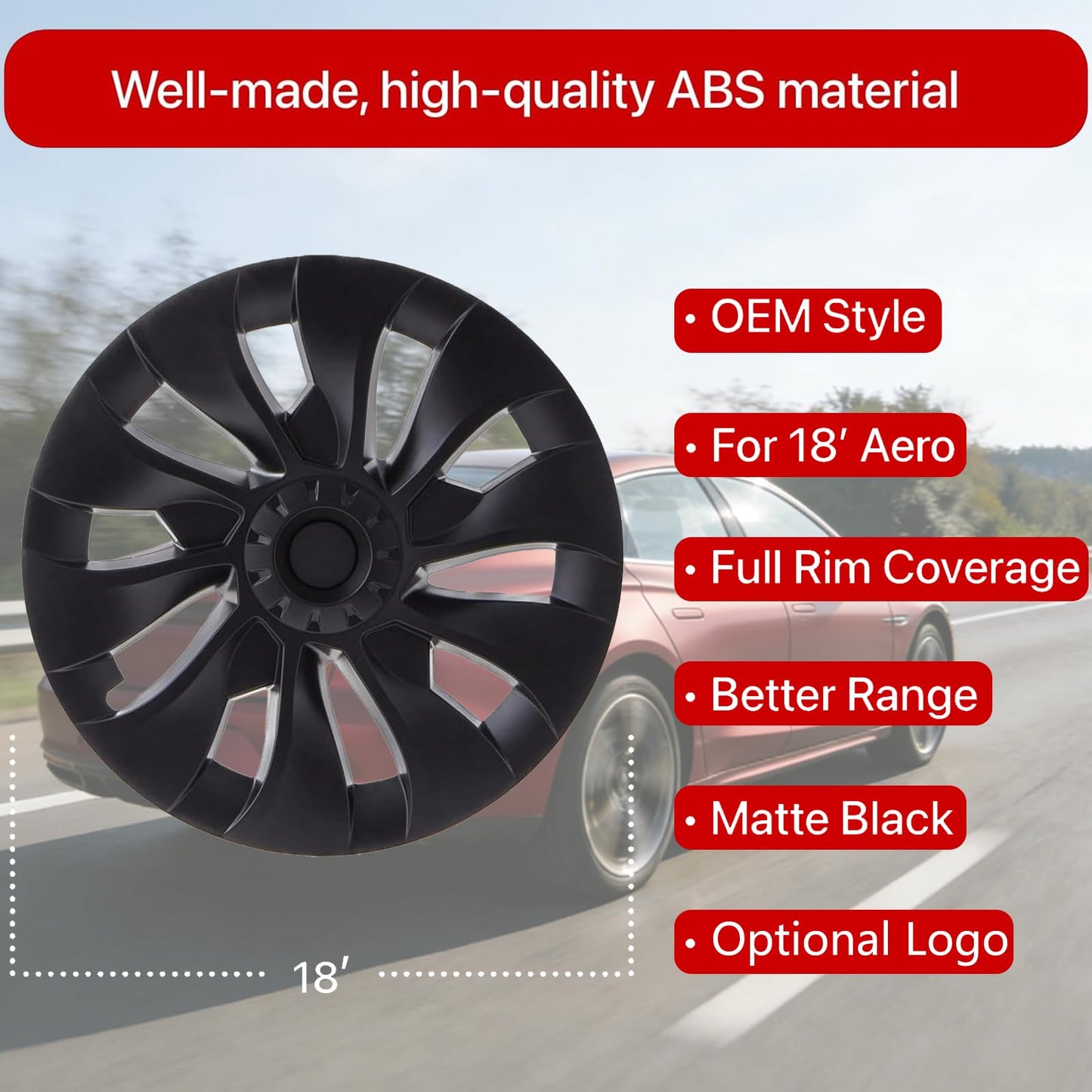 KAVANIC 4PCS Wheel Covers Fits for Tesla Model 3 Hubcap 18 Inch Matte Black Support Logo Long Range Symmetry Design Uberturbine Style for 2017-2023 Model 3 Aero Wheel Cover Replacement (RWD/AWD)