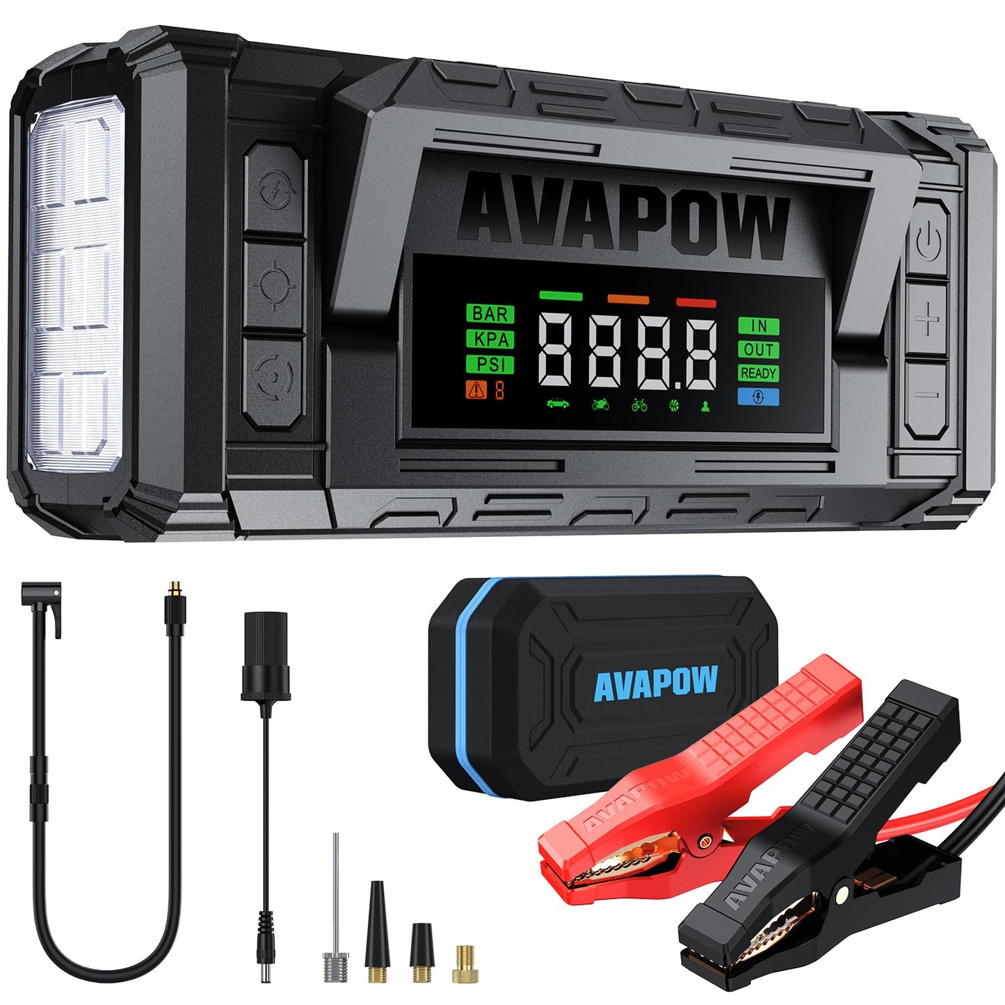 AVAPOW Jump Starter with Air Compressor, 8000A 150PSI Car Battery Booster Portable & AVAPOW 8000A Battery Jumper Starter Portable with 4″ HD Display PD 30W Dual-Way Fast Charging