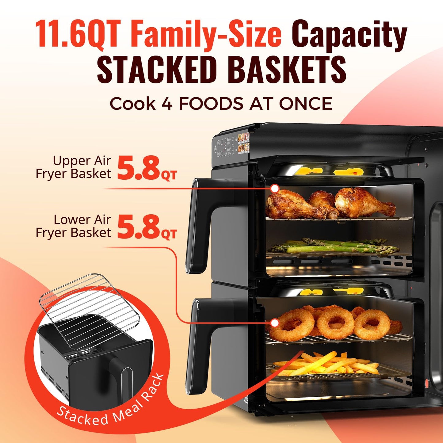 11.6QT Dual Basket Air Fryer Oven, Vertical 2-Basket Design, 6-in-1 Presets Function with Digital Touchscreen, Sync & Match, Easy to Clean, Dishwasher Safe, Family Meals