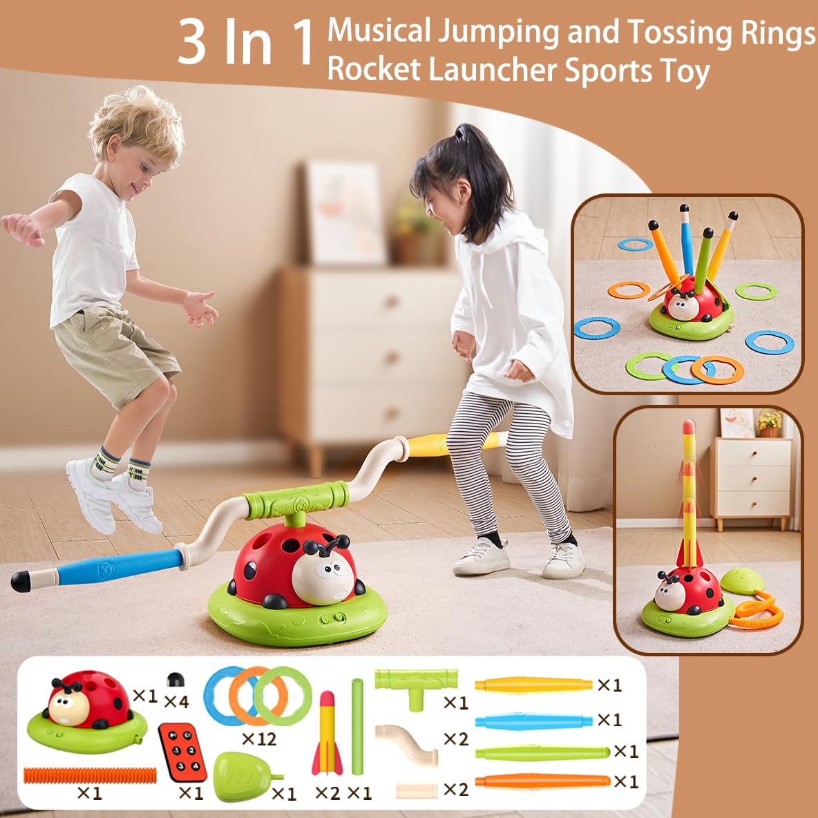 Pobaiyi 3 in 1 Musical Jump, Toss Ring Game and Stomping Launch Rocket Launcher for Kids Outdoor Toys with Remote Control, Indoor Outside Toy for Kids Ages 4-8 Toys for Ages 5-7 8-13 Birthday Gifts