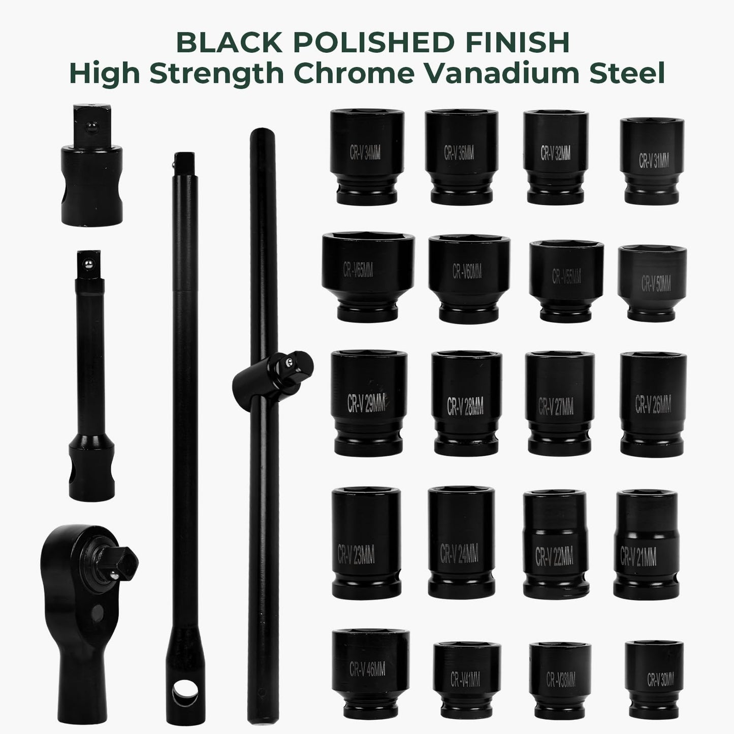 3/4 Inch and 1-Inch Drive Socket Set,26-Piece Metric Size (21-65mm) Jumbo Impact Socket Sets,6 Point, Cr-V,Includes 3/4" to 1" Adapter,Ratchet Wrench, 500m Sliding Bar and Storage Case