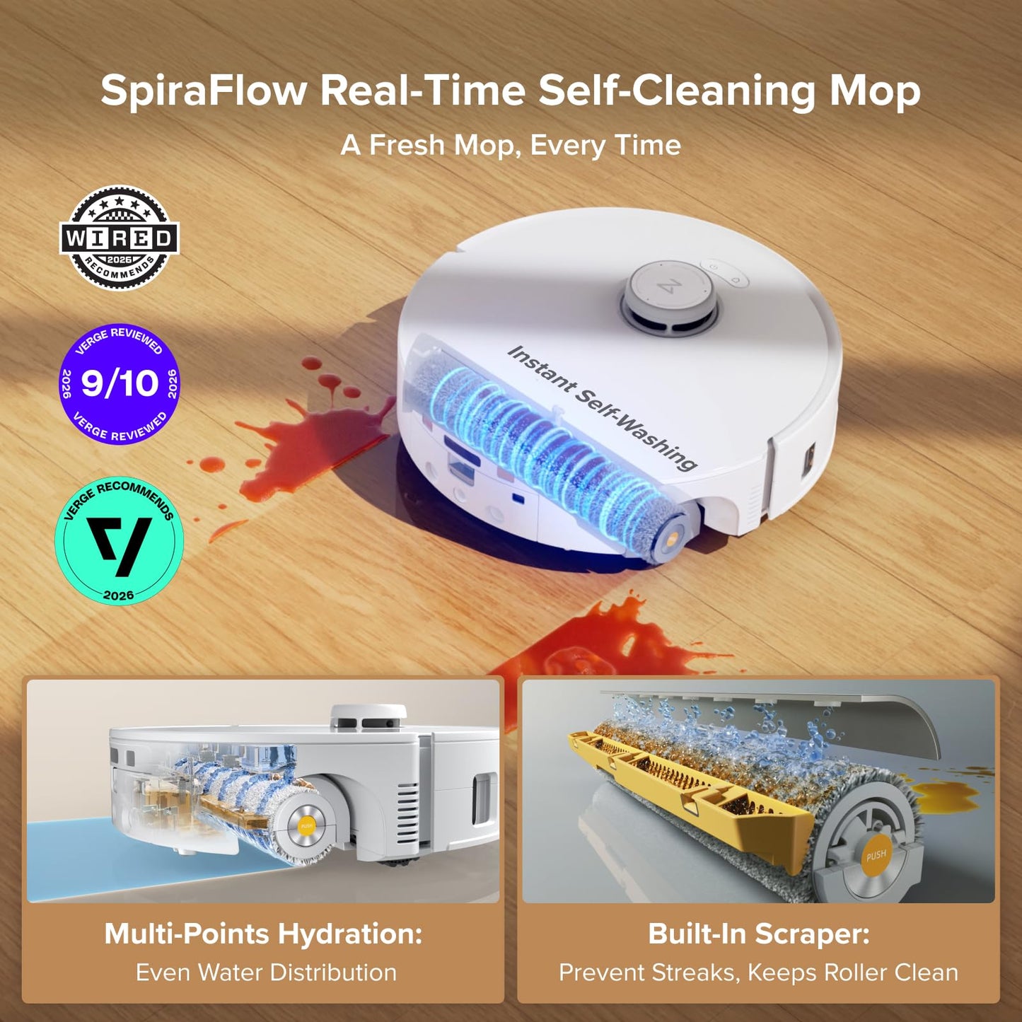 roborock Qrevo Curv 2 Flow Robot Vacuum and Mop, SpiraFlow Real-Time Self-Cleaning Roller Mop, 20,000 Pa, Dual Zero-Tangle System, AI Obstacle Avoidance, Heat-Washes & Dries Mop, Carpet Protection
