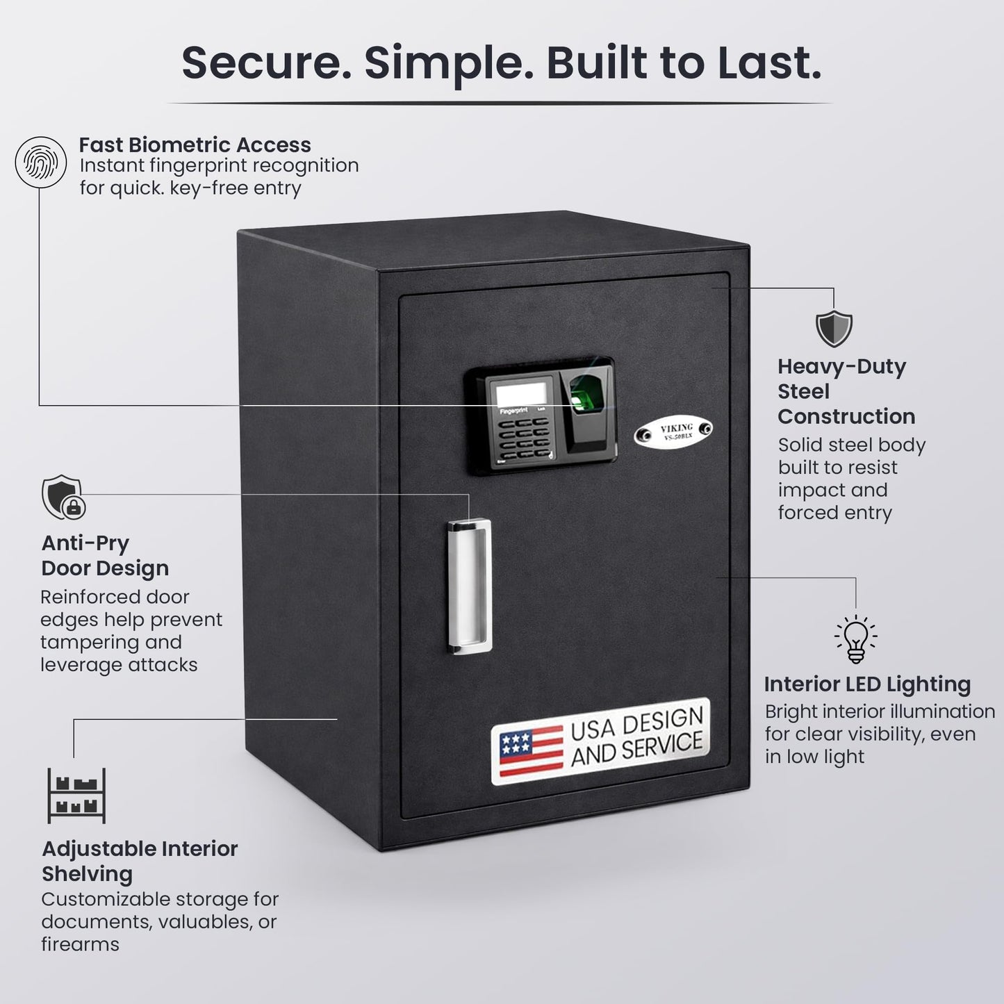 Viking Security Safe Large Biometric Safe – Quick-Access Fingerprint, PIN & Key Entry, Heavy-Duty Steel with Anti-Pry Door, Adjustable Shelves, Interior LED Light VS-50BLX