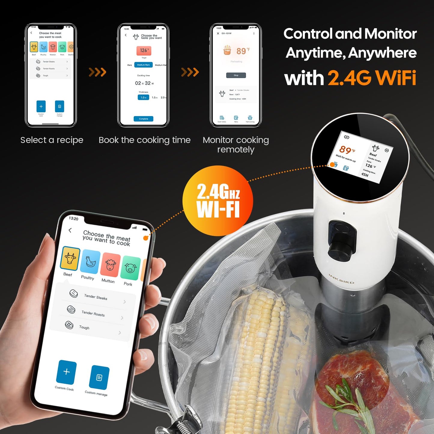 INKBIRD 2.4G WiFi Sous Vide Cooker ISV-101W, 1000 Watts Sous Vide Machine Thermal Immersion Circulators 3D Water Circulation Heating with App Preset and Machine Recipes, Pre-alarm (White)