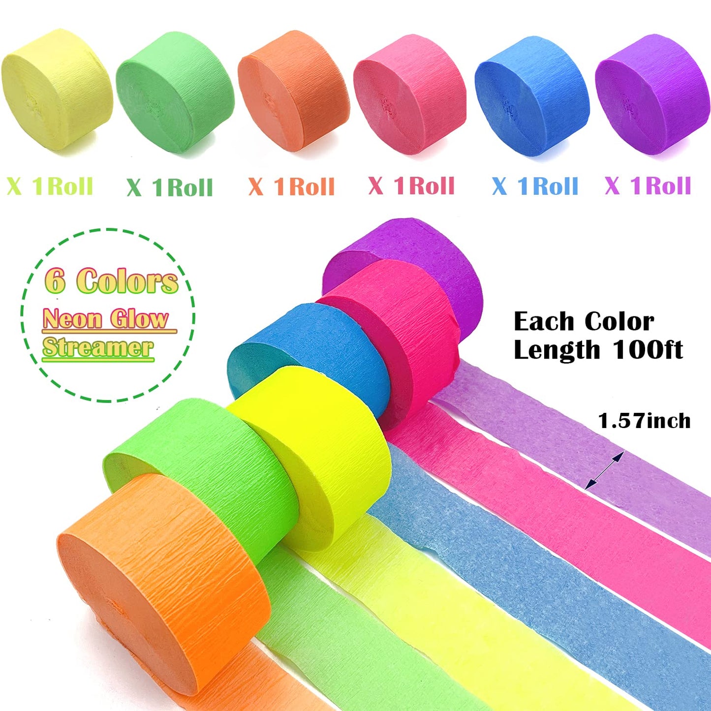 600 feet Glow Crepe Paper Streamers UV Glow Party Neon Streamer Decorations Glow in The Dark Black Light Reactive Fluorescent Neon Paper Party Streamers Wedding Birthday Blacklight Party Supplies