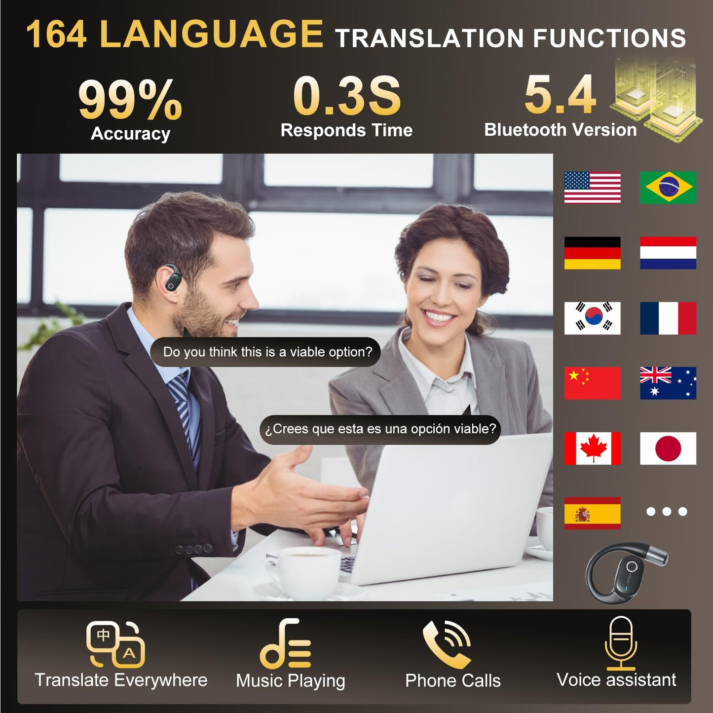 AI Translation Earbuds Real Time,164 Language Translator EarBuds with LED,Bluetooth 5.4 Translation Headphones, Audifonos Traductores de Inglés Español,70H Translating Device for Business Travel Study