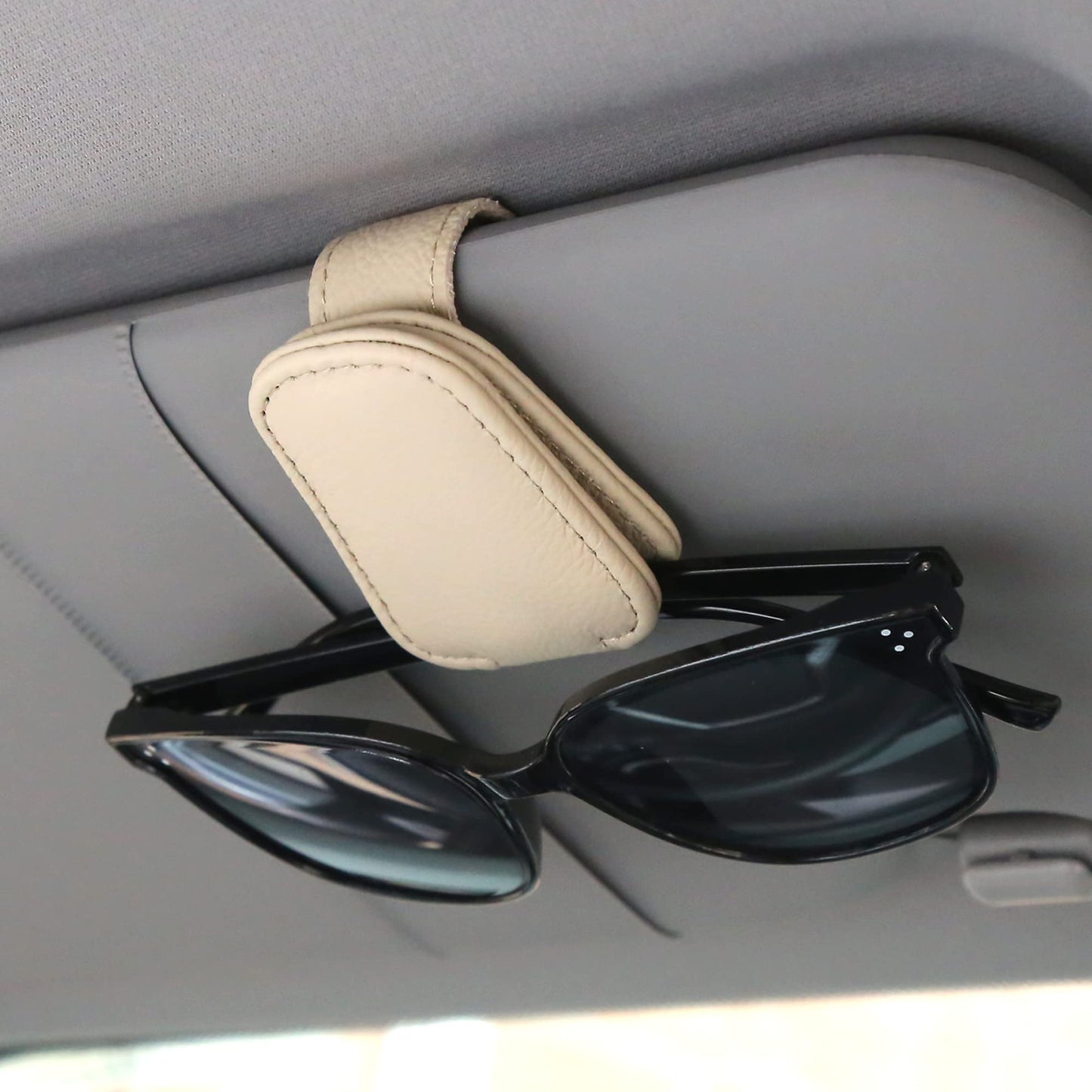 KIWEN Sunglasses Holders for Car Visor, Magnetic Leather Glasses Eyeglass Clip for Car, Ticket Card Clip Sunglasses Mount, Car Visor Accessories Gadgets (1, Black)