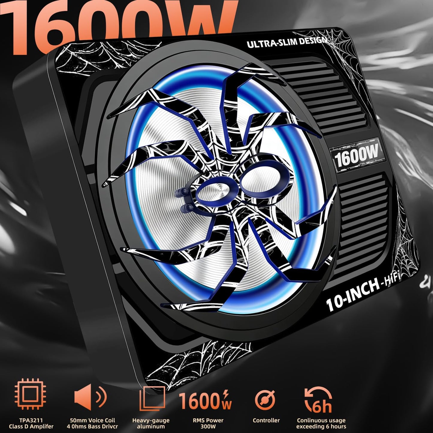 SCBPAUD 2026 Upgraded 1600W Slim Underseat Car Subwoofer and Amp Package, Powered Sub with Built-in Class D Amplifier, Blue LED Ambient Light, Deep bass, Under Seat Subwoofer for Car