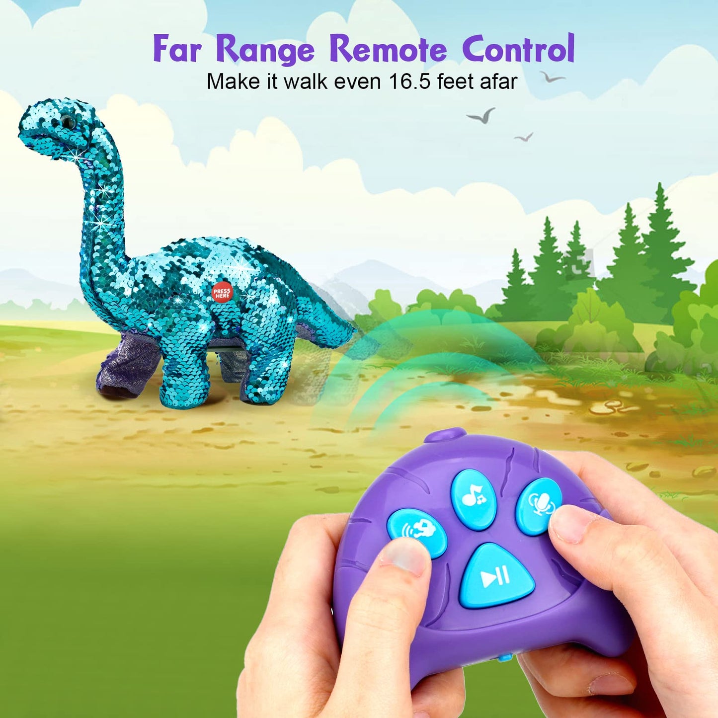 Koonie Dinosaur Toys for Girls, 2 Year Old Girl Toys, Purple Dinosaur Remote Control Reversible Sequins Dinosaur Toy Can Repeat Walk Roar Sing, Christmas Birthday Gifts for 2-7 Years Old Kids Toddler