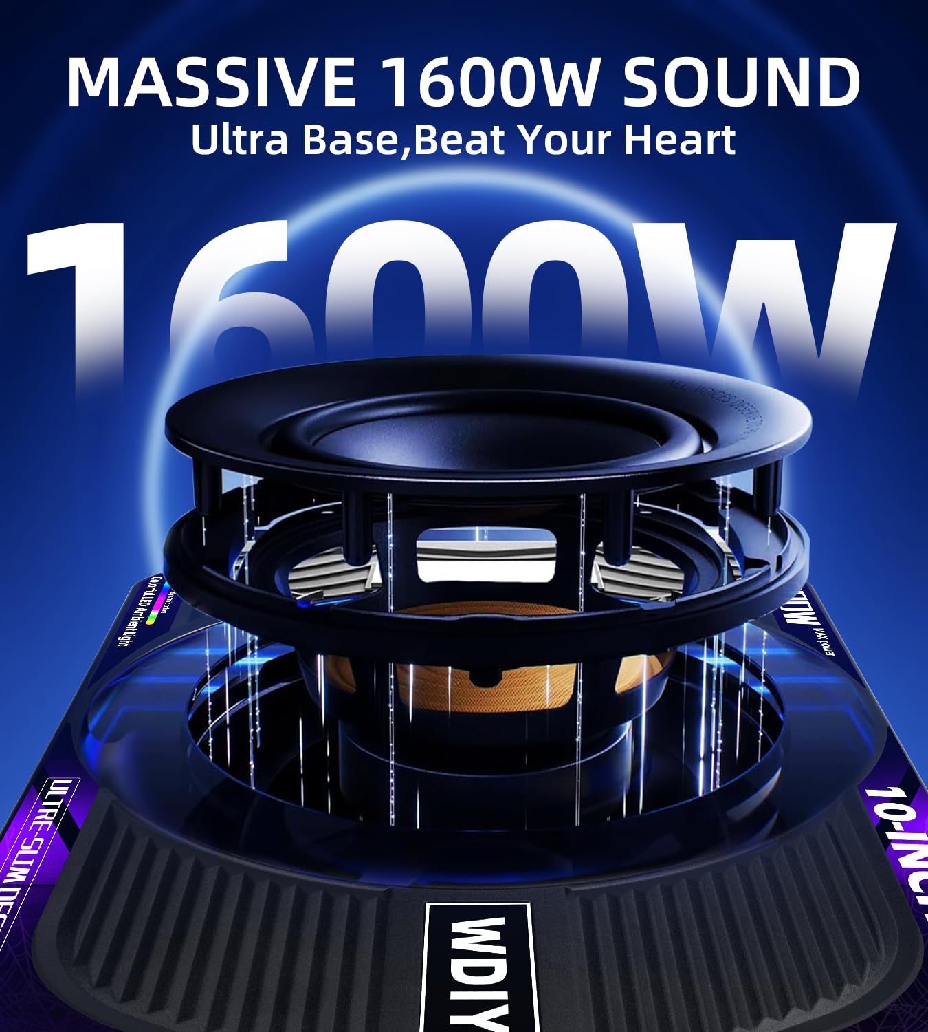 WDiYA Upgraded 1600W 10" Slim Under Seat Subwoofers with Amp & LED Ambient Lights for Truck/Car - Deep Bass, Individual Controls (LPF/Gain/Bass Boost), High Output Distortion-Free Audio
