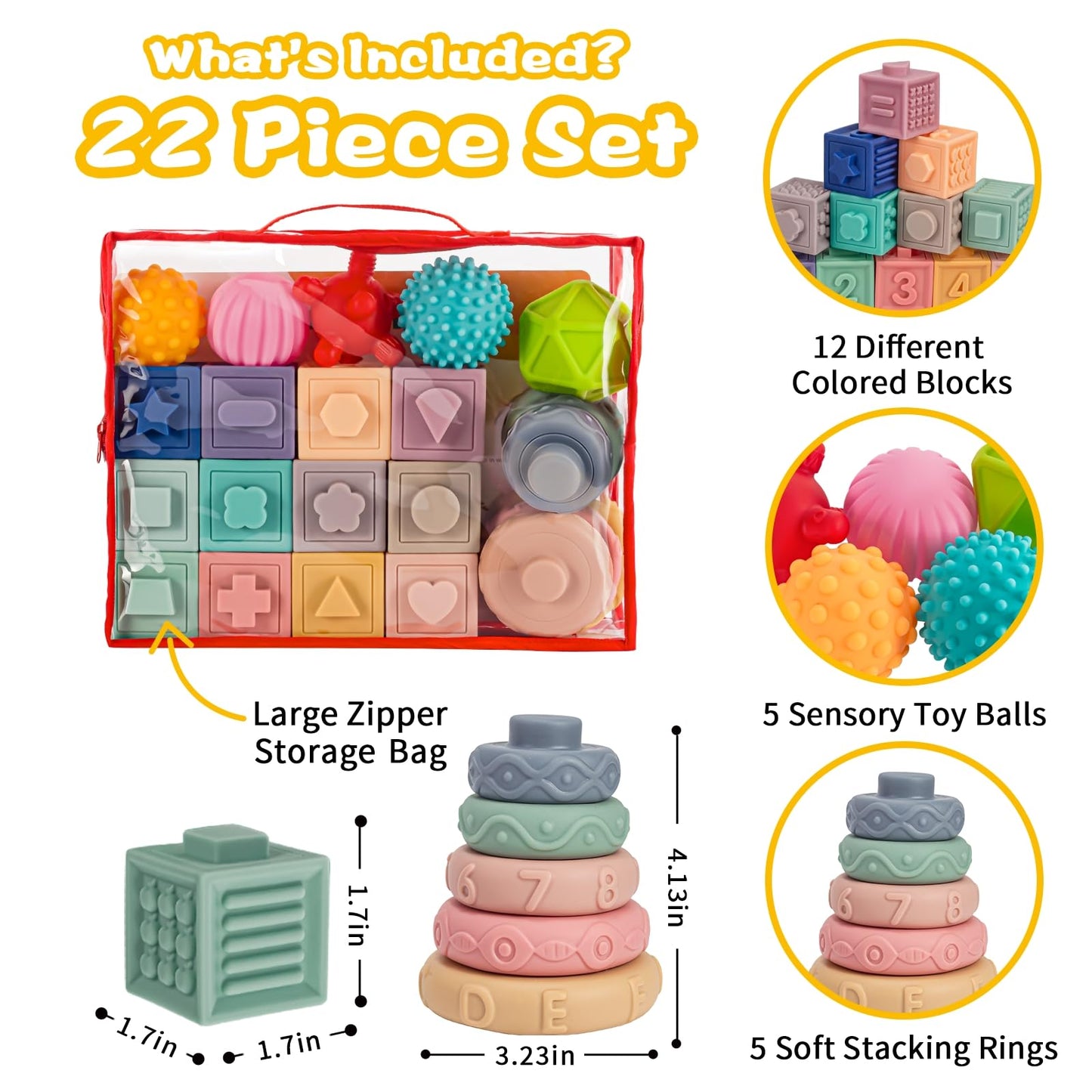 SpringFlower 3 in 1 Montessori Toys for Babies 0-3-6-12 Months, Soft Baby Teething, Stacking Building Blocks for Infants, Sensory Developmental Education Toys for Toddler Baby 12-18 Months,22 PCS
