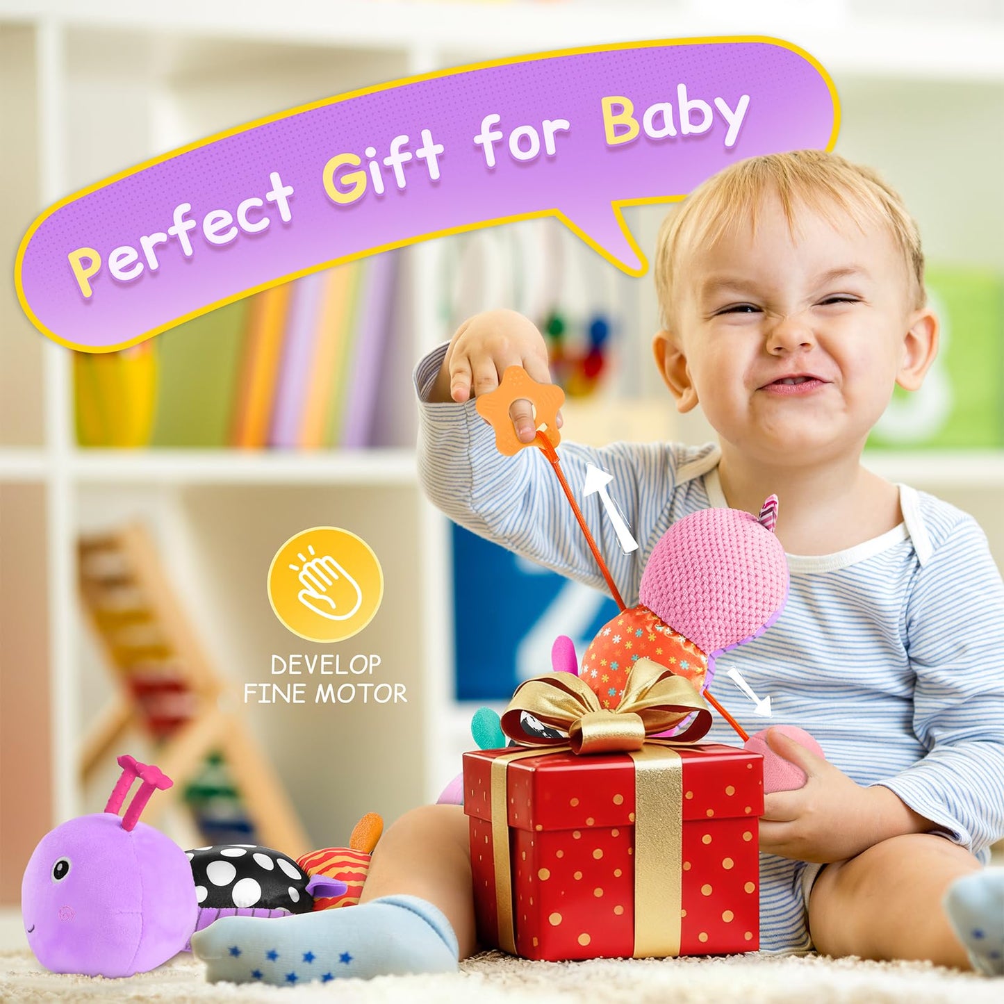 Baby Toys Sensory Musical Animal Stuffed Toy for Infant 0-3-6-12 Months Tummy Time Newborn, Plush Caterpillar with Mirror,Crinkle,Rattle Teething Toys for Baby Boys Girls Shower Gifts, Purple