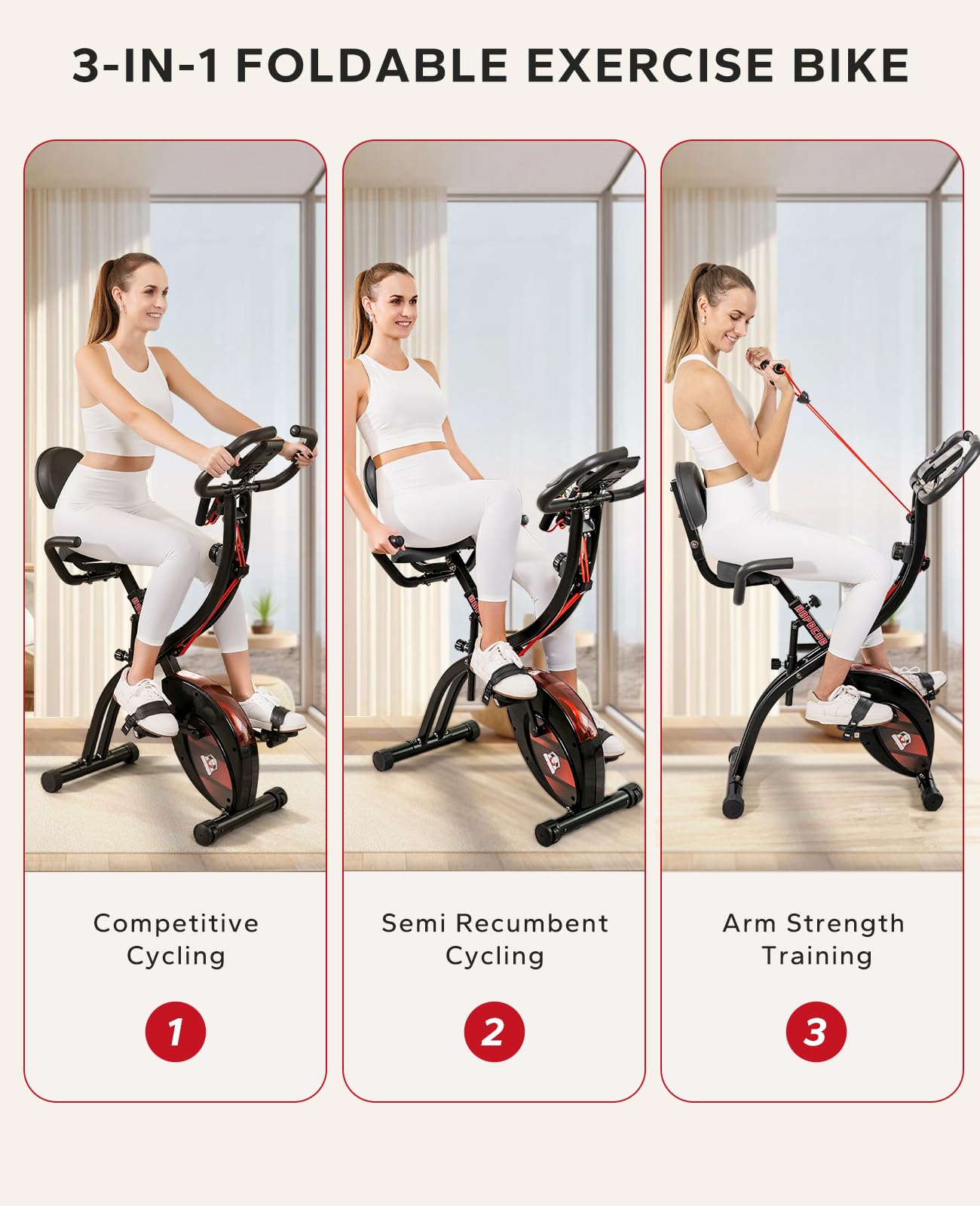 HAPBEAR Folding Exercise Bike Magnetic Foldable Stationary Bike, 3 in 1 Mode Indoor Upright Fitness Workout X-Bike with 8-Level Resistance and Arm Resistance Band, Pulse Sensor,LCD Monitor