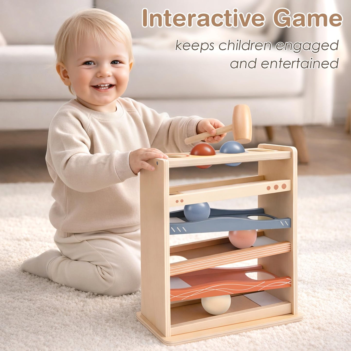 Vanplay Ball Drop Toys for One Year Old Boy Girls Birthday Gifts, Montessori Toys for 1 2 Year Old, Wooden Hammer Rolling Ball Toys for Toddlers 1-3, Cause and Effect Toys for Baby 12M+ First Gifts