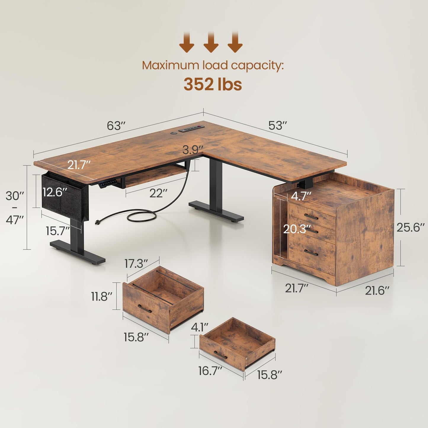 SEDETA L Shaped Electric Standing Desk with File Cabinet, 63 x 53'' Height Adjustable Home Office Computer Desk with 3 Drawers, Power Outlet, Stand up Gaming Table with Led Lights, Rustic Brown