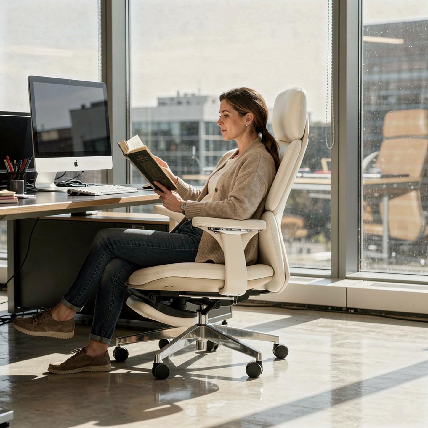 FurniBaron Genuine Leather Office Chair with Flexible Footrest, High Back Executive Office Chair with Lumbar Support, Adjustable Tilt Mechanism, Weight Capacity 400 lbs (White)