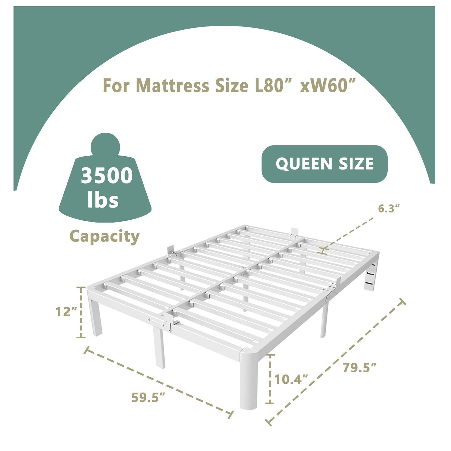 ITIMIDI 12 Inch White Queen Bed Frame, Metal Platform Bed Frame No Box Spring Needed, Heavy Duty Queen Size Bed Frame, Round Corner Legs, Easy Assembly, Under Bed Storage