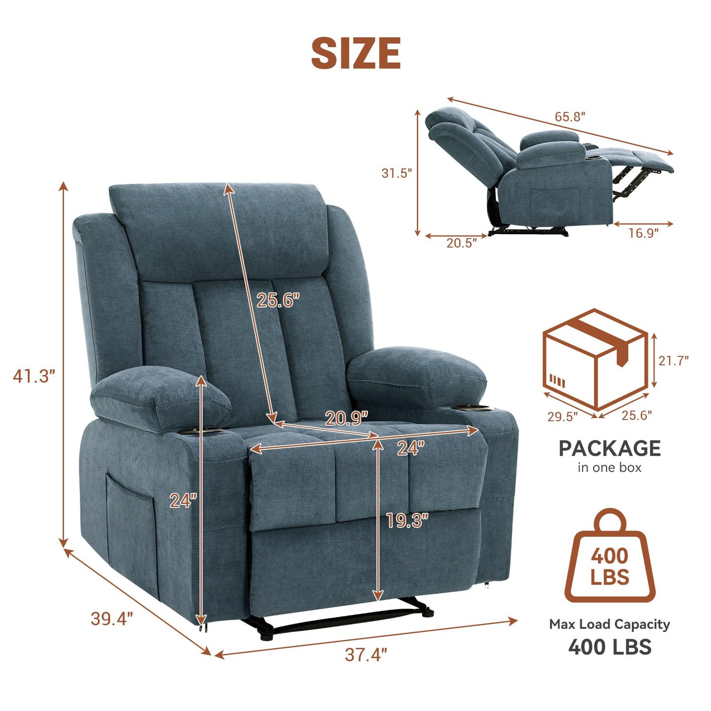 IDEALHOUSE Recliner Chair with Massage and Heat, 37.4" Oversized Recliner with Vibration Massage and Side Pocket, Reclining Chair for Living Room, Bedroom, Blue