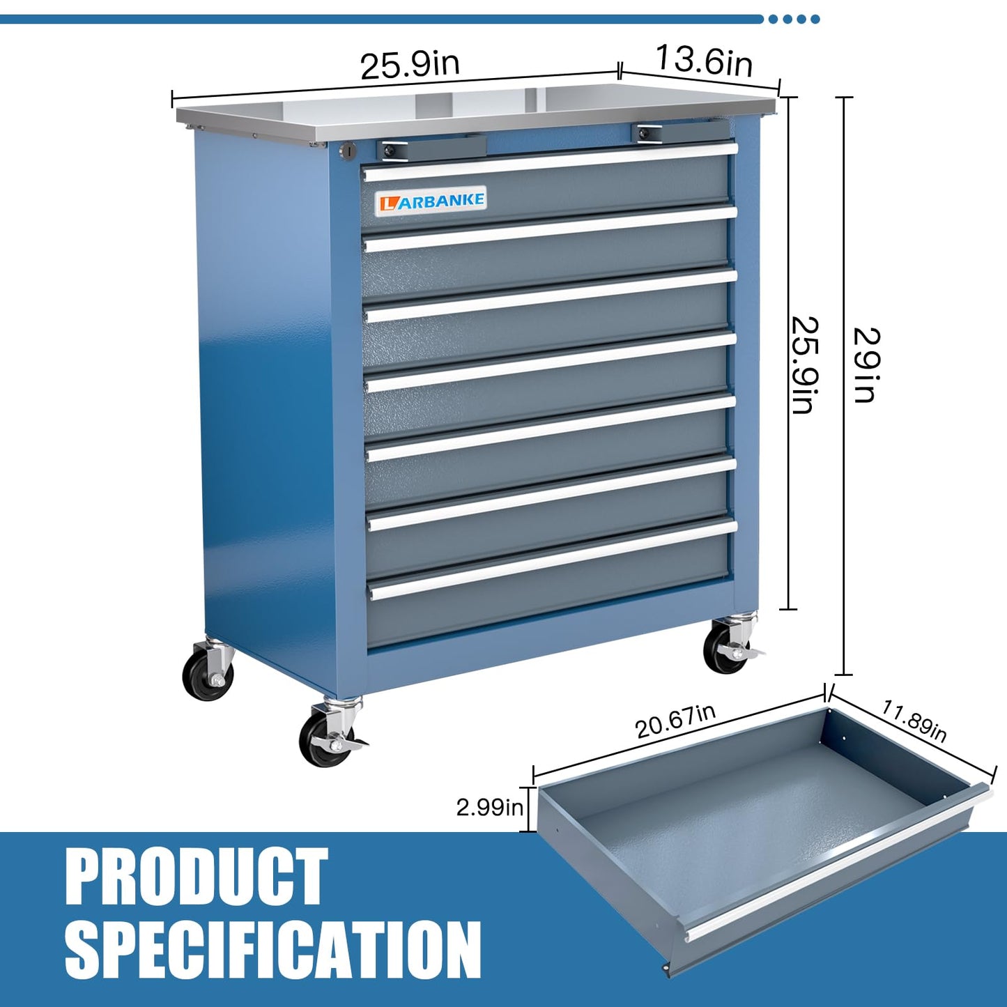 LARBANKE 7-Drawer Rolling Tool Chest with 360°Wheels and Padded Feet,Tool Chest with Stainless Steel Countertop,Tool Cabinet with Secure Locking System,for Home, Garage and Office