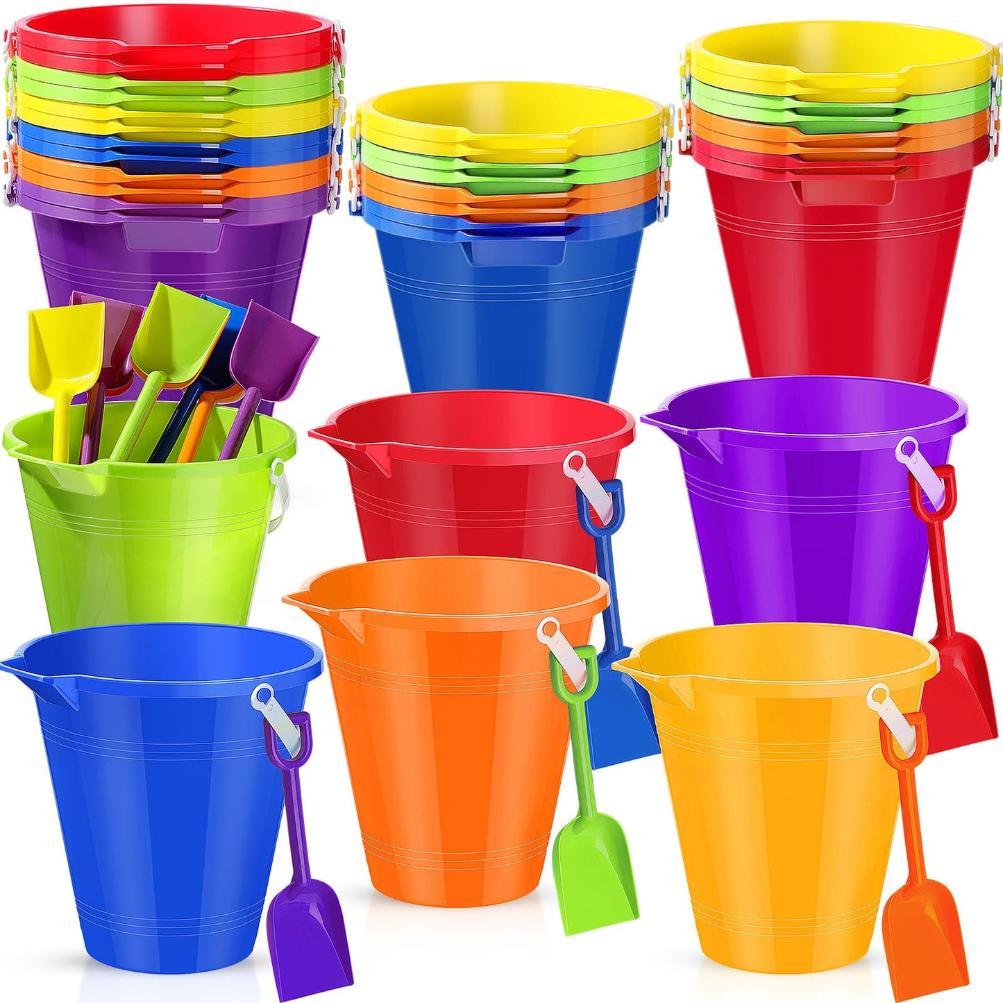 Didaey 12 Set Beach Sand Buckets and Shovels Set Includes 9 Inch Large Sand Buckets and Shovels Beach Pails Toys for Kids for Summer Theme Party Favors Summer Game (Multicolor)