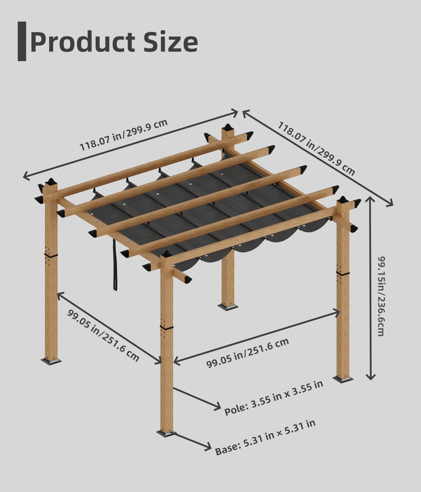 GAOMON 10x10 Ft Outdoor Aluminum Pergola, Heavy-Duty Woodgrain Patio Pergola with Retractable Canopy Sun Shade Cover, UV-Resistant Metal Gazebo for Existing Deck Backyard Garden Porch, Gray