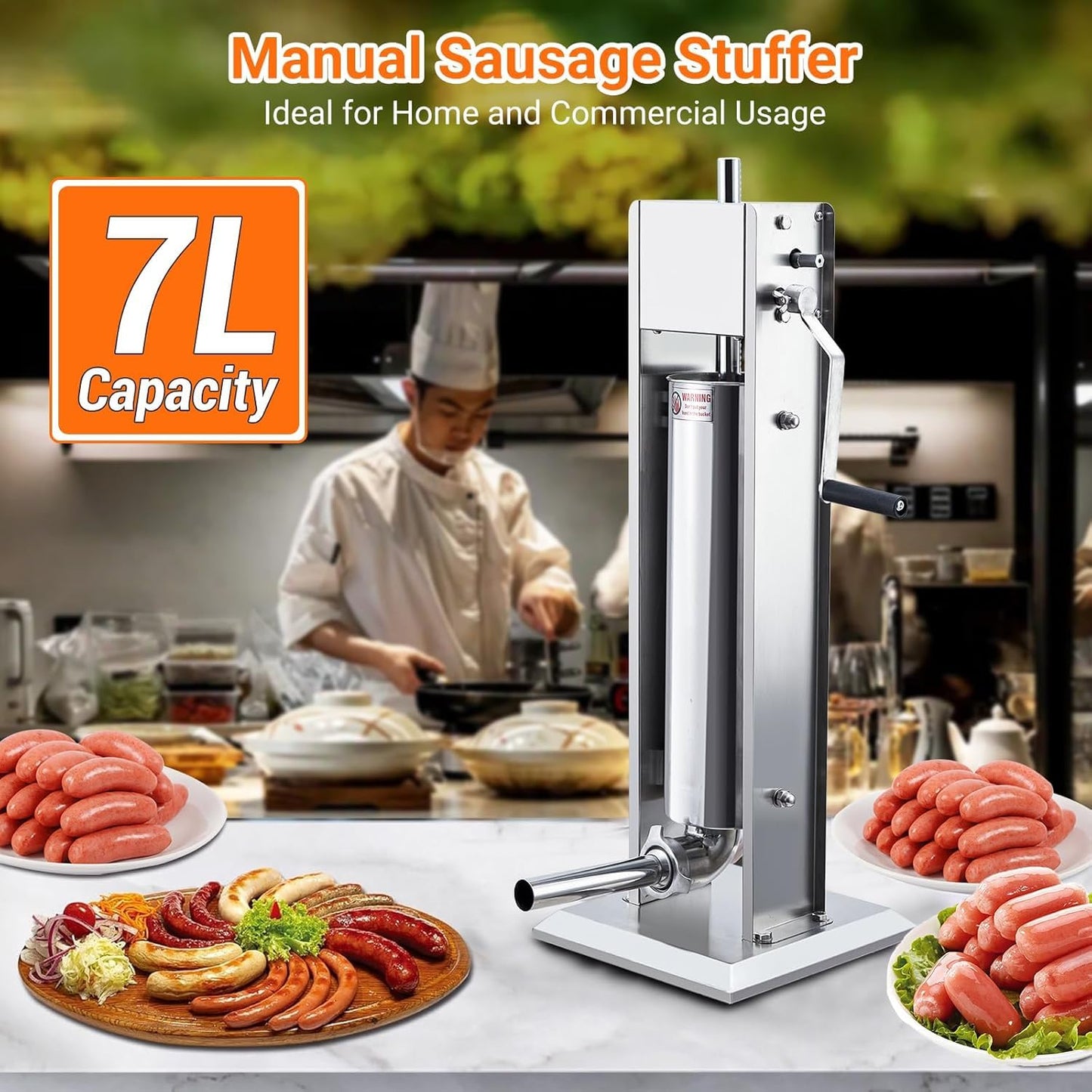 Manual 15LBS/7L Sausage Stuffer | Dual-Speed Heavy-Duty Filler with 5 Stainless Steel Tubes | for Home & Commercial Use