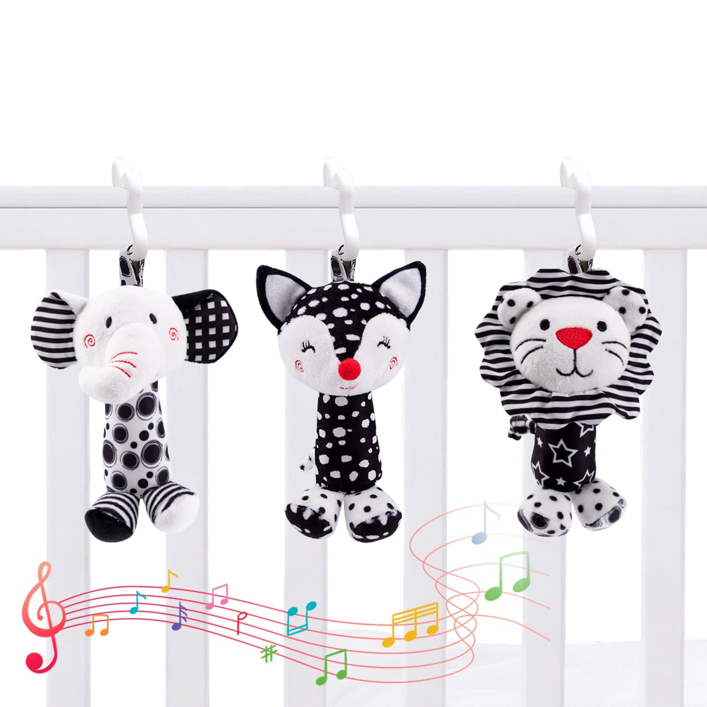 JINBOBUBU Black & White Baby Wind Chime Hanging Toys - High Contrast Rattles for Newborns 0-12 Months, Stroller & Car Seat Mobile, Hanging Rattle Toys for Babies, Clip Hanging Plush Squeeze Toys
